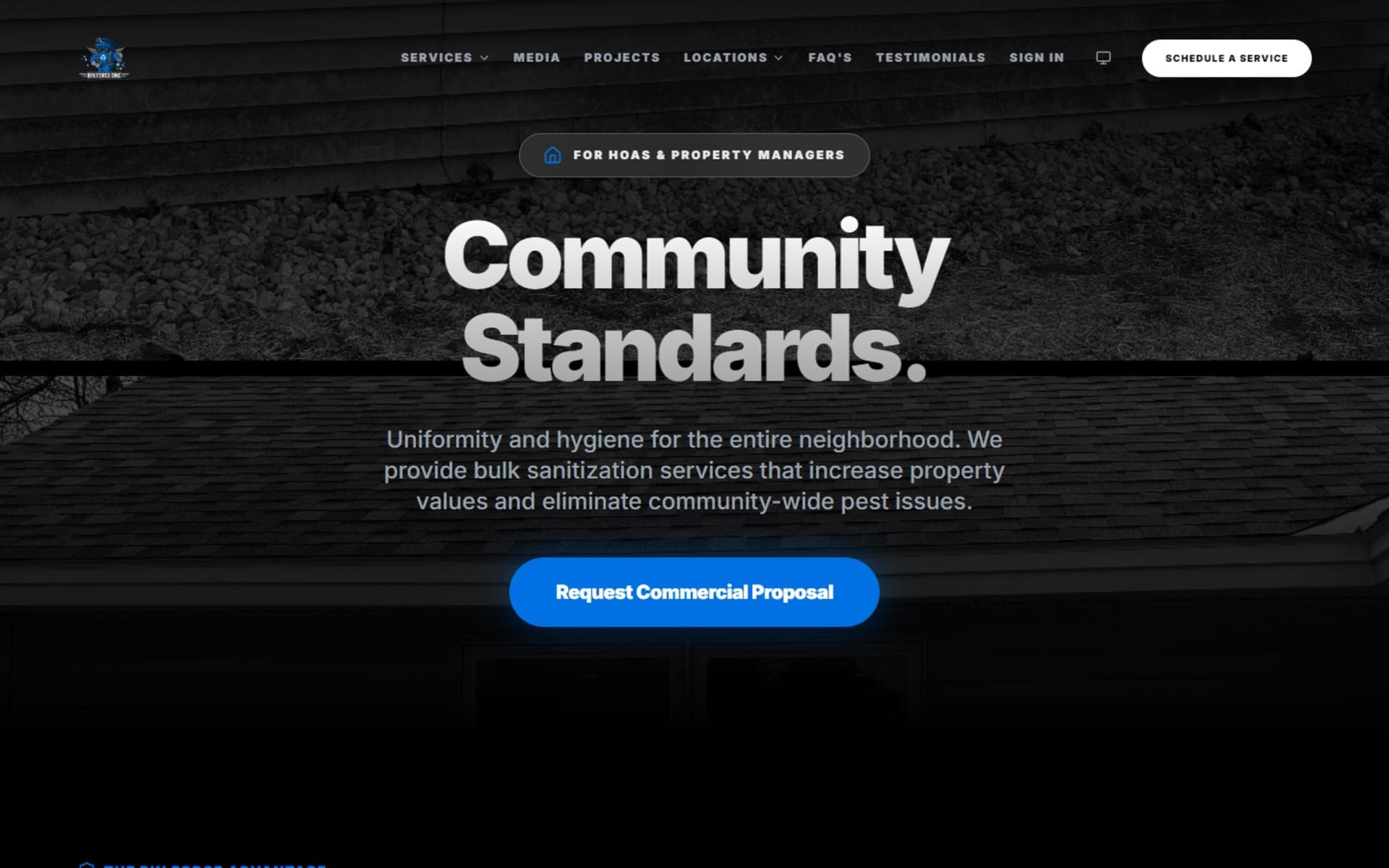 React website and online booking for Bin Force One in Vermont, Commercial page for HOAs and property managers, with a Request Commercial Proposal button