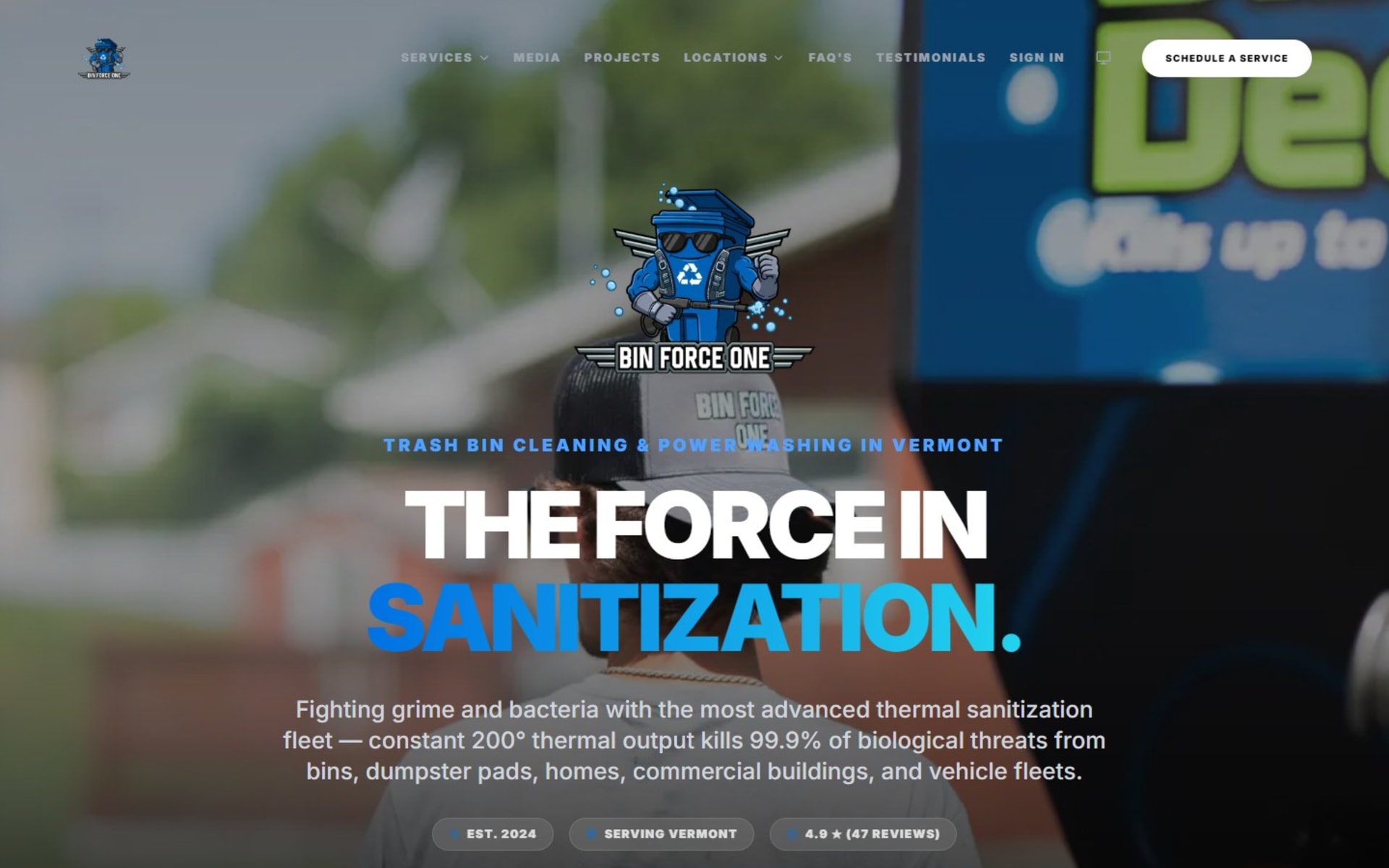React website and online booking for Bin Force One in Vermont, Homepage: the Bin Force One mascot over a video hero, with Schedule a Service in the header