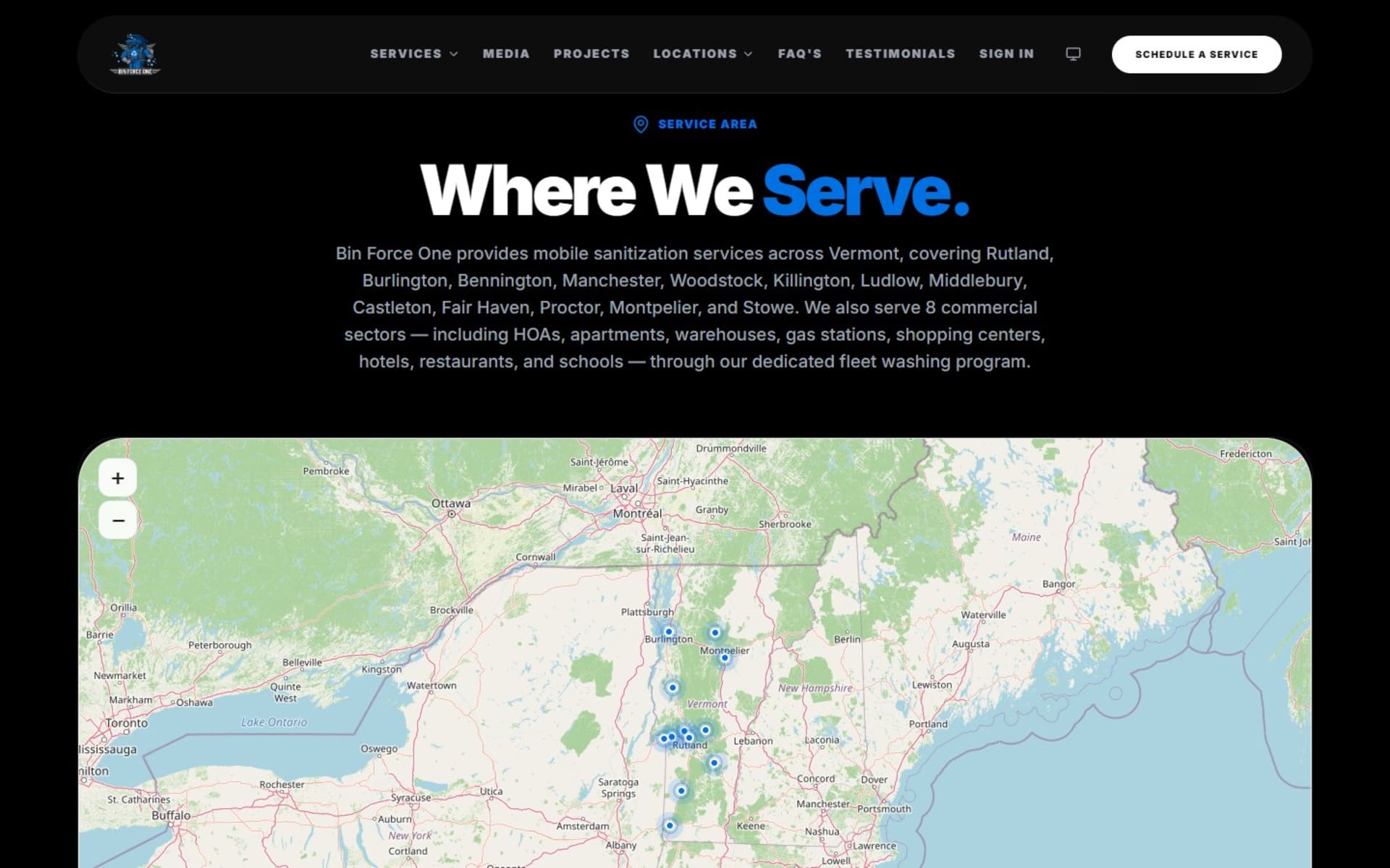 React website and online booking for Bin Force One in Vermont, Where We Serve: an interactive map with the Vermont towns the trucks cover