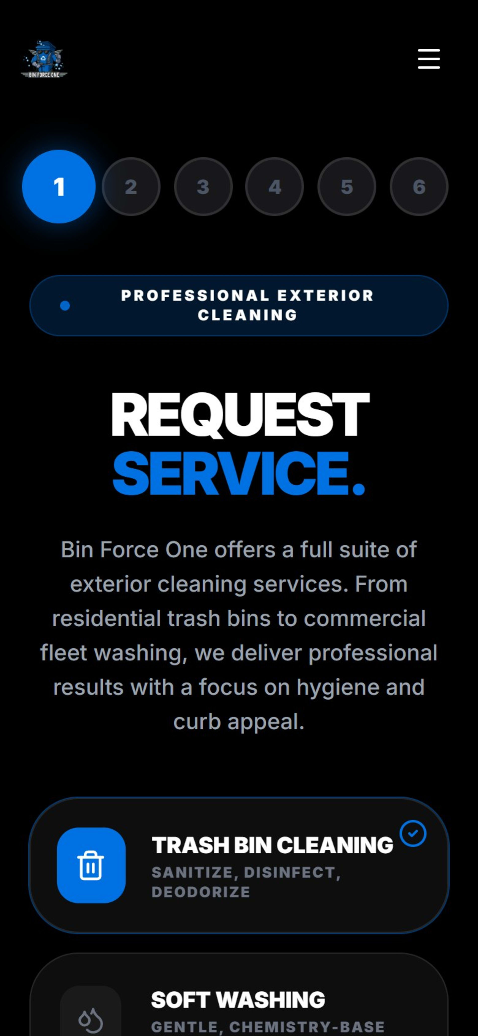 React website and online booking for Bin Force One in Vermont, On a phone: the six-step booking flow with the service cards stacked