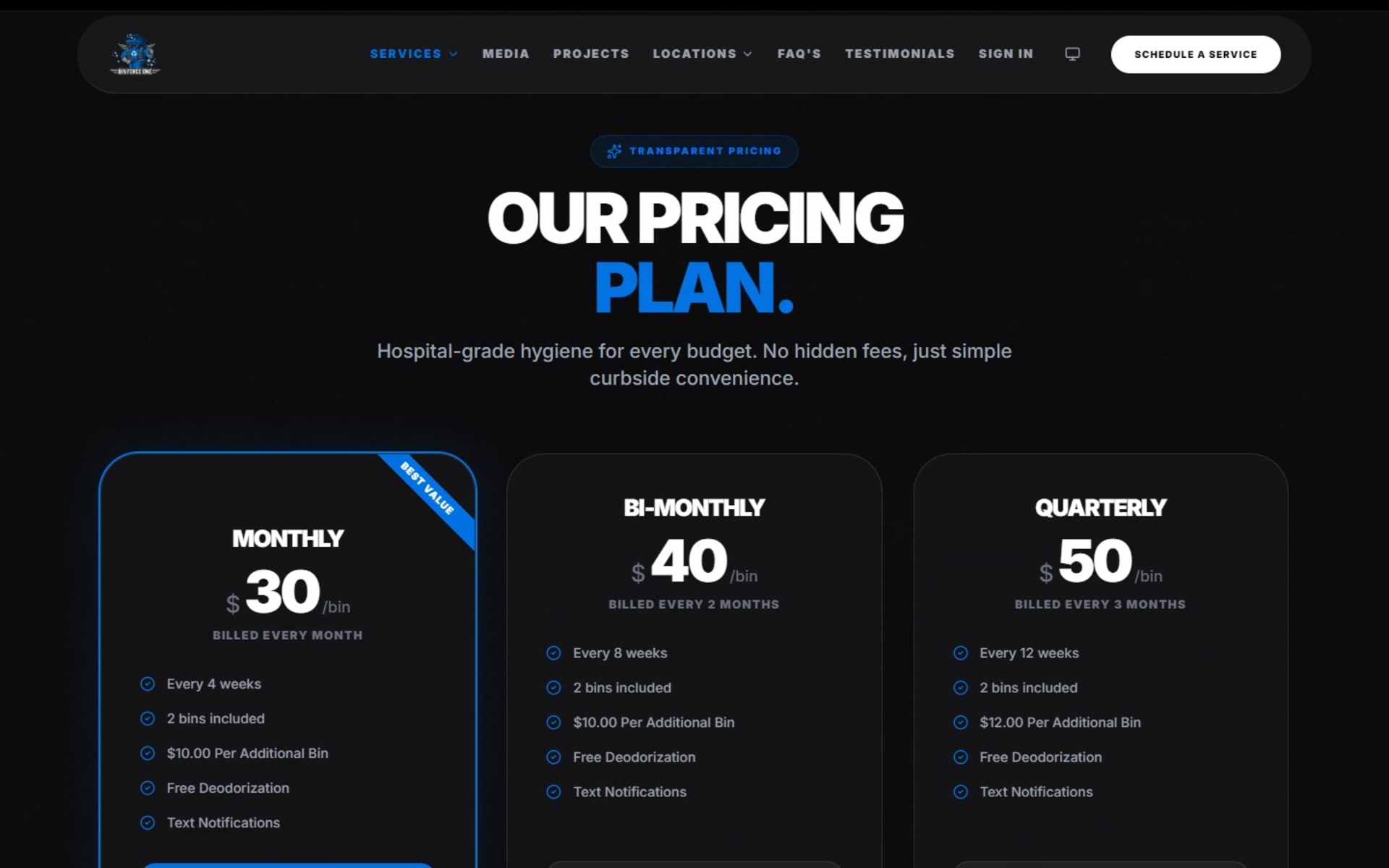 React website and online booking for Bin Force One in Vermont, Trash bin cleaning page: monthly, every 2 months, quarterly and one-time plans with extra-bin prices