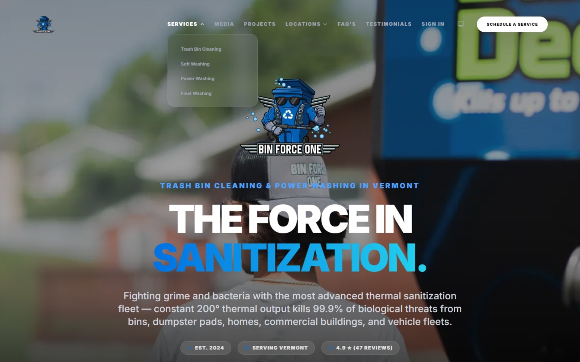 React website and online booking for Bin Force One in Vermont, Services menu: trash bin cleaning, soft washing, power washing and fleet washing