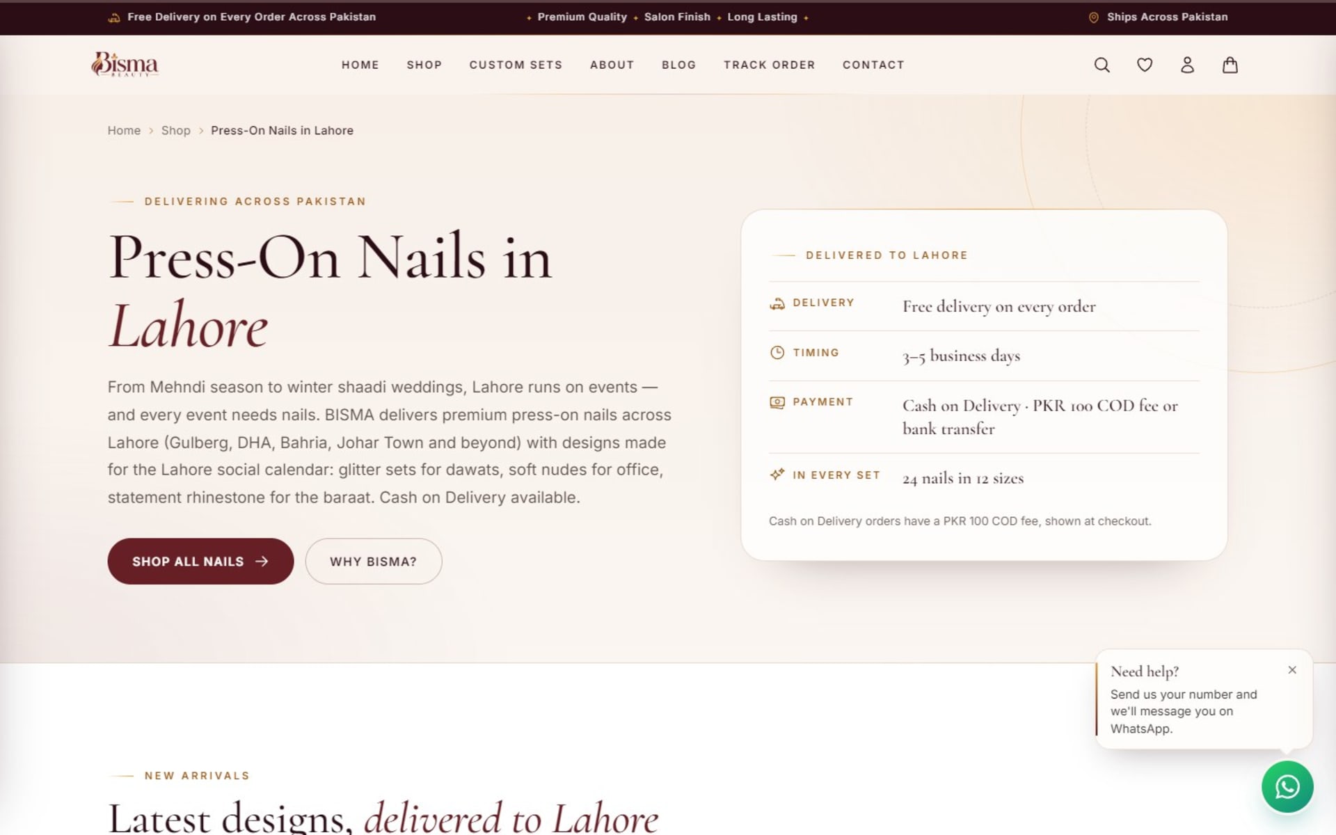 Custom online store for BISMA Beauty press-on nails, Pakistan, City landing page: Press-On Nails in Lahore