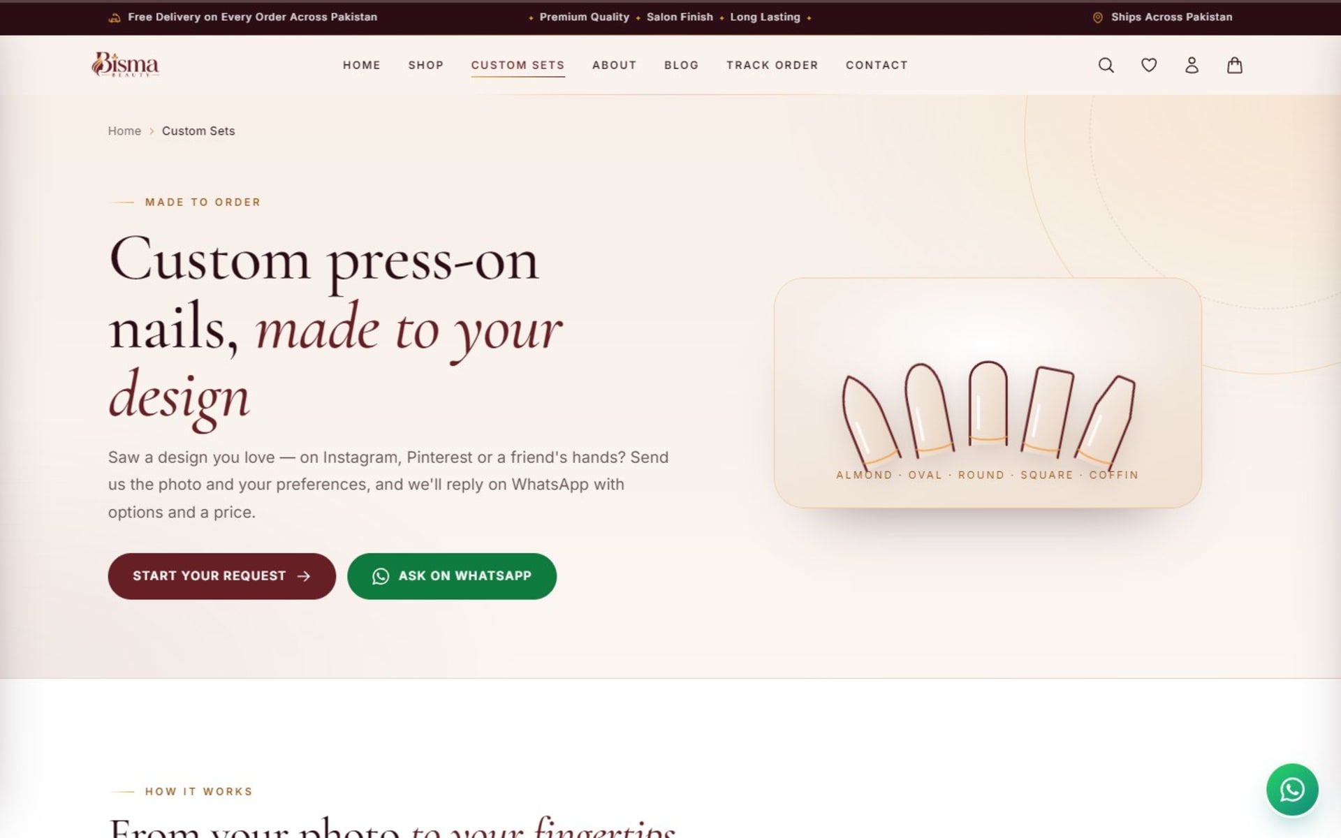 Custom online store for BISMA Beauty press-on nails, Pakistan, Custom Sets: made-to-order requests from a photo, with nail shapes