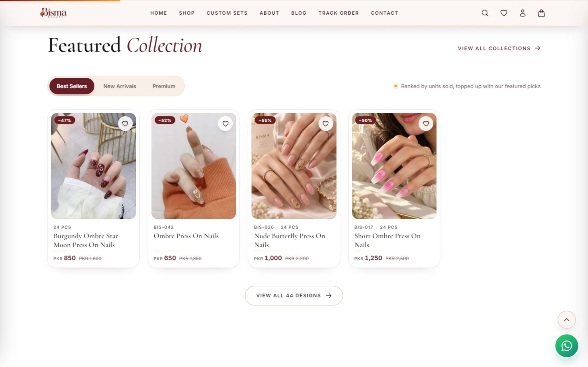 Custom online store for BISMA Beauty press-on nails, Pakistan, Featured Collection with Best Sellers, New Arrivals and Premium tabs