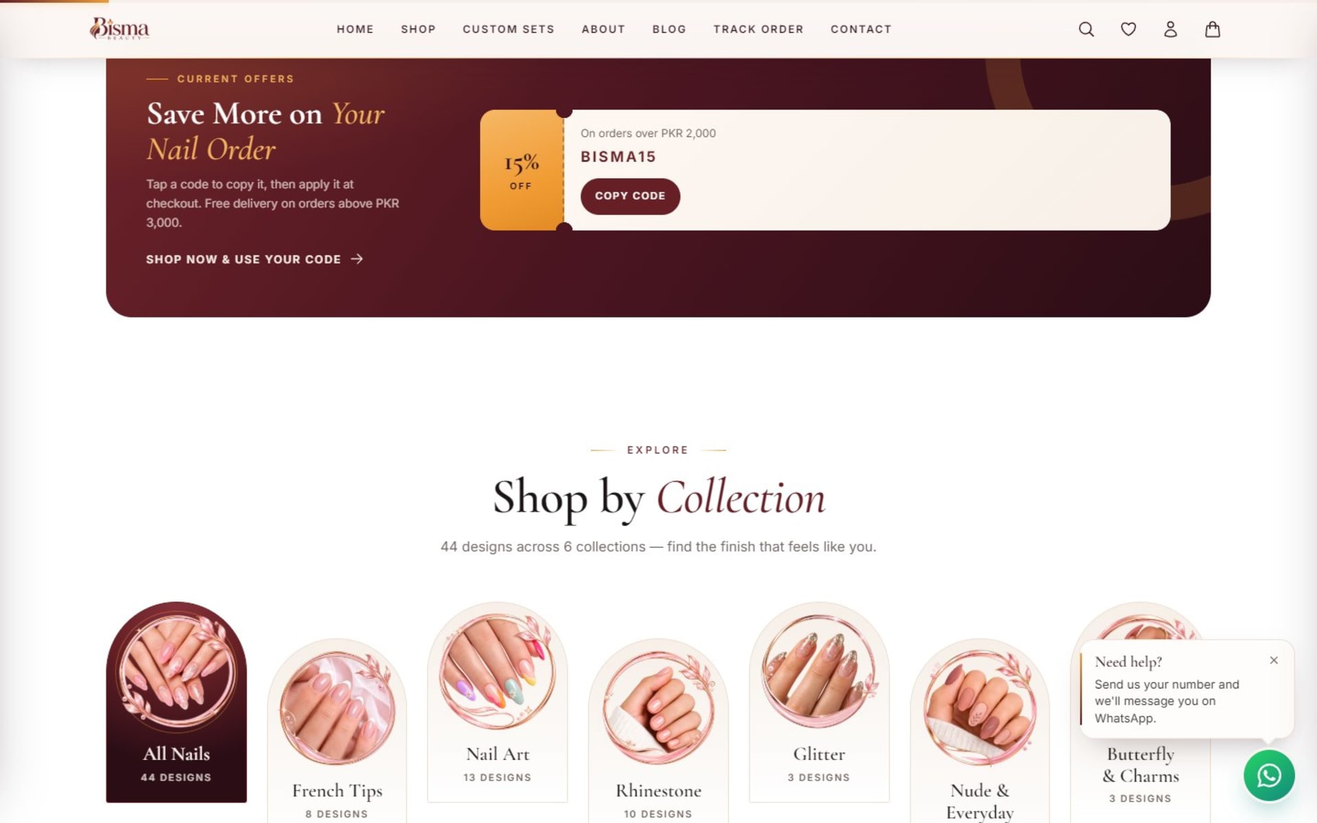 Custom online store for BISMA Beauty press-on nails, Pakistan, Offer card with a copy-code button, then Shop by Collection