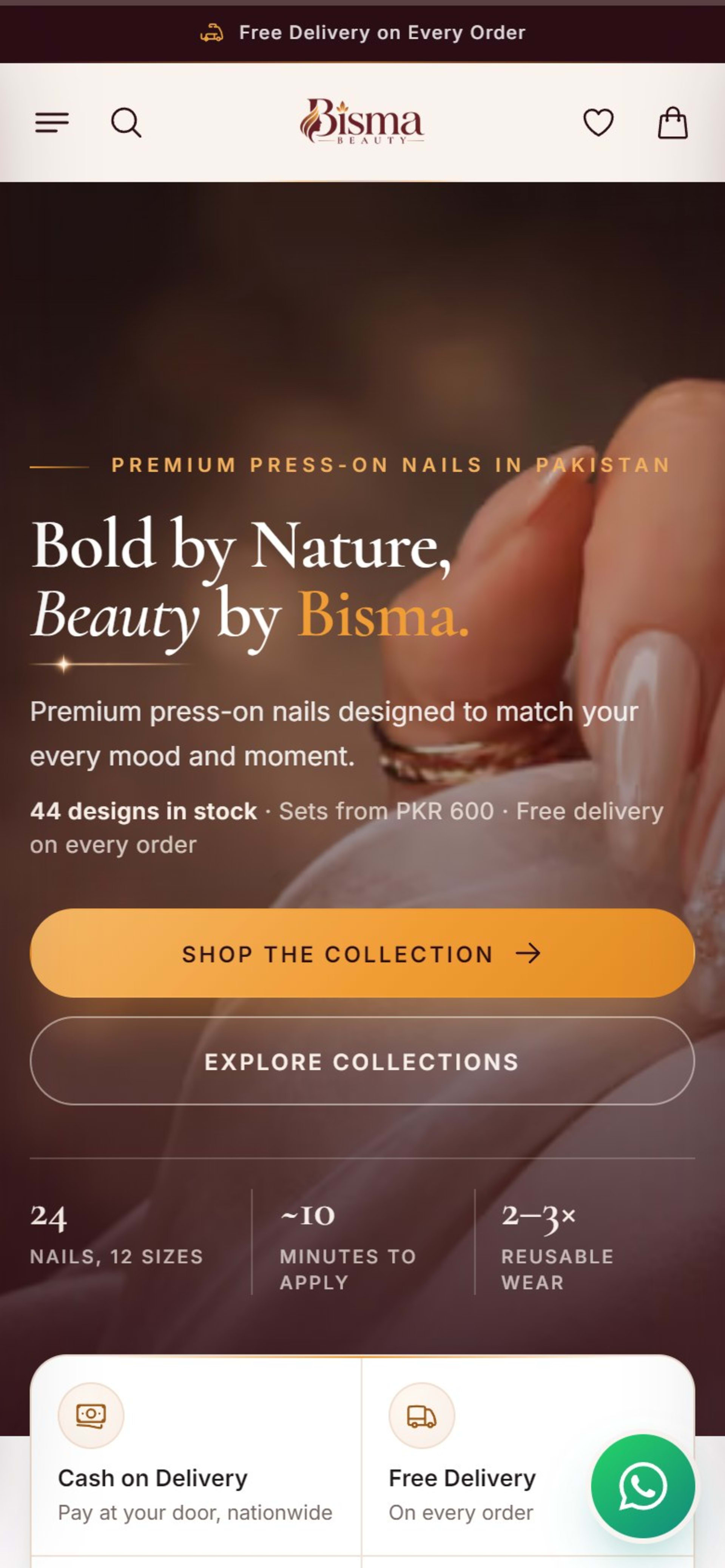 Custom online store for BISMA Beauty press-on nails, Pakistan, On a phone: the hero, key numbers, and COD and delivery cards