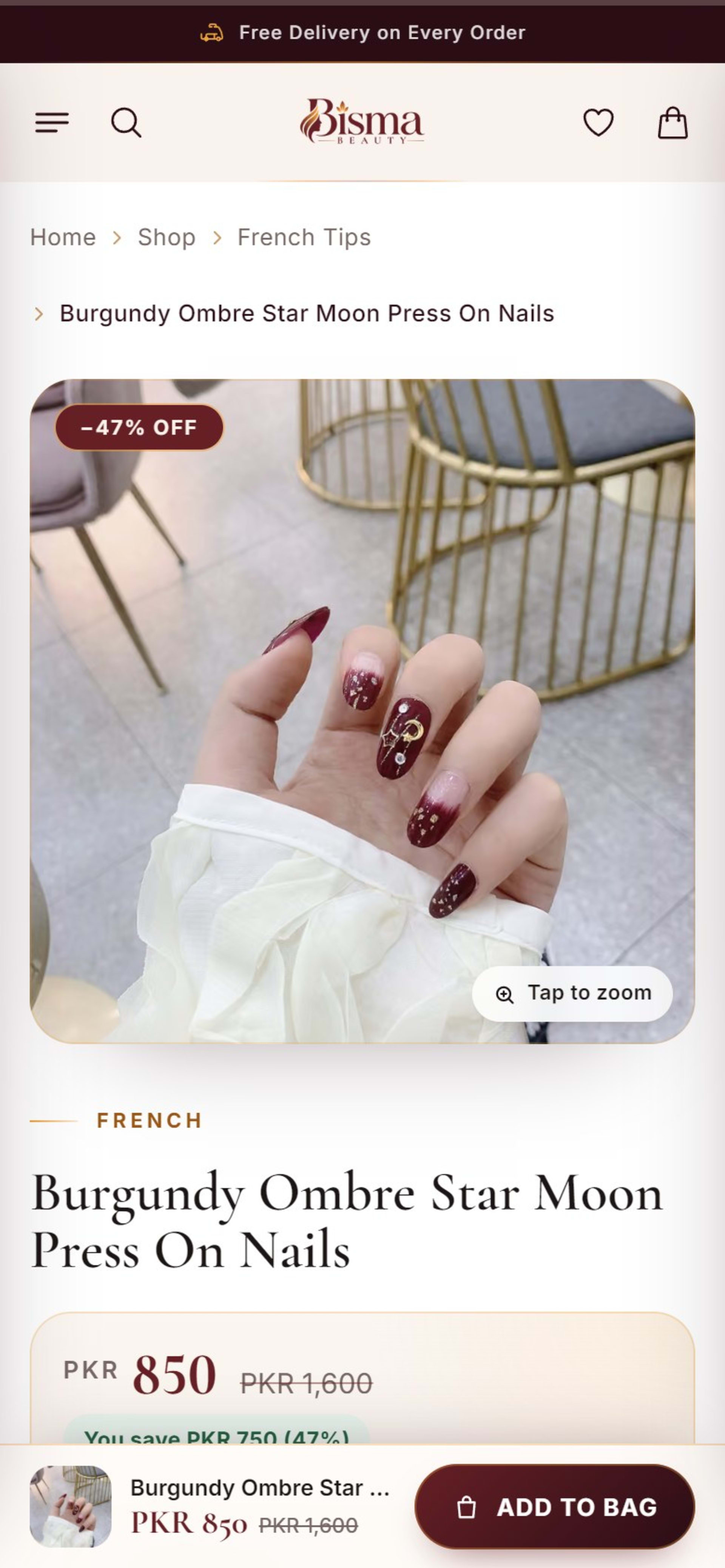 Custom online store for BISMA Beauty press-on nails, Pakistan, Phone product page with a sticky Add to bag bar