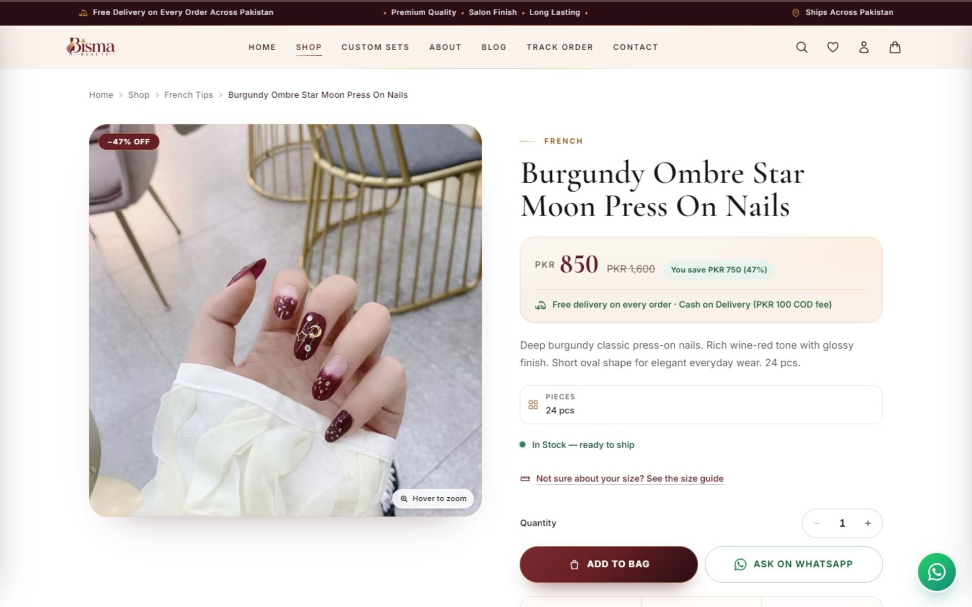 Custom online store for BISMA Beauty press-on nails, Pakistan, Product page: savings, delivery and COD terms, Add to bag and Ask on WhatsApp