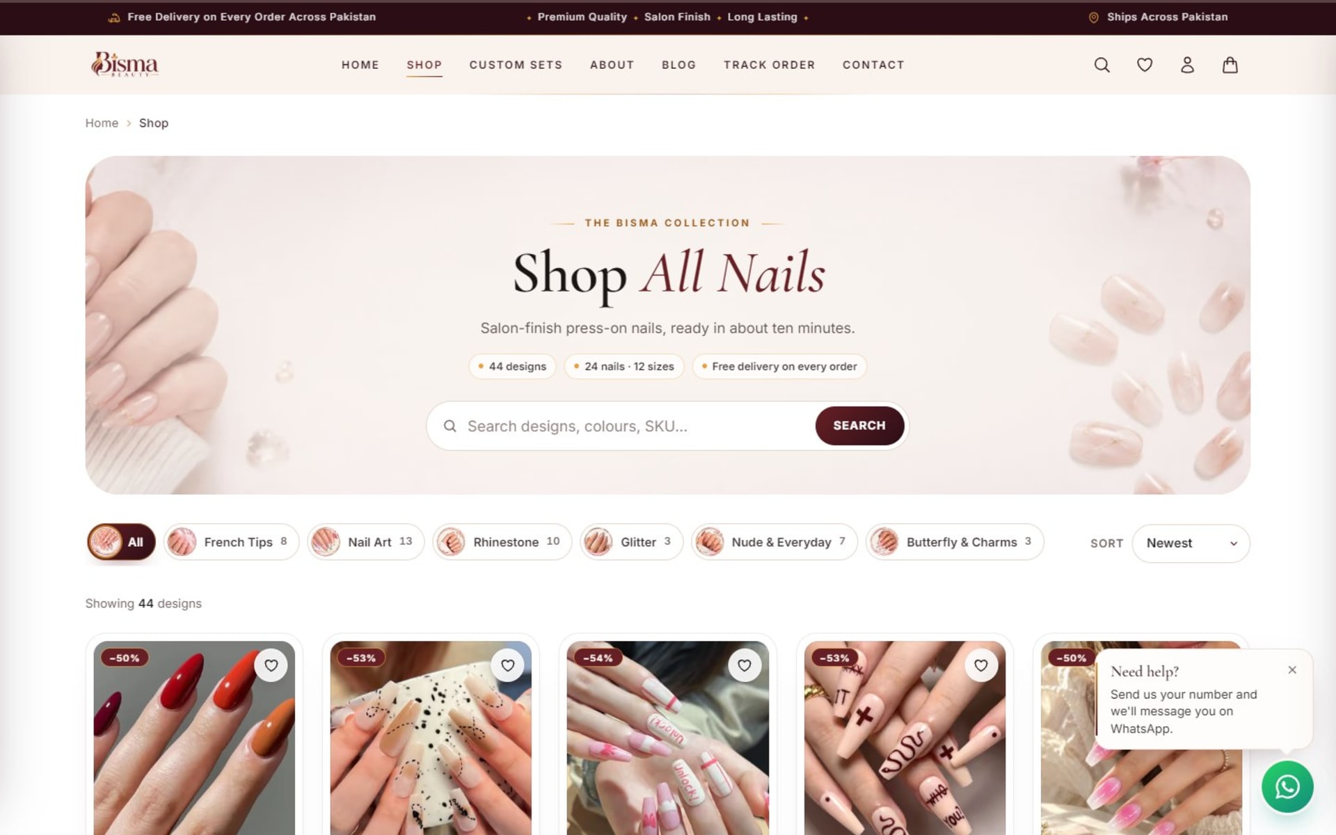 Custom online store for BISMA Beauty press-on nails, Pakistan, Shop: search, collection chips with counts and sorting