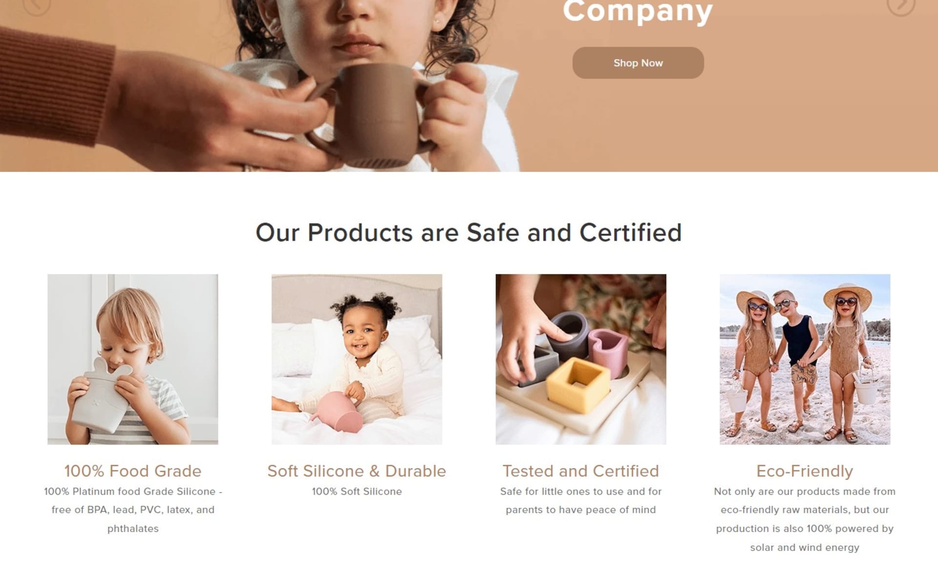 Shopify store for BraveJusticeKidsCo, silicone baby and toddler goods, Homepage safety strip: food-grade silicone, soft and durable, tested and certified, eco-friendly