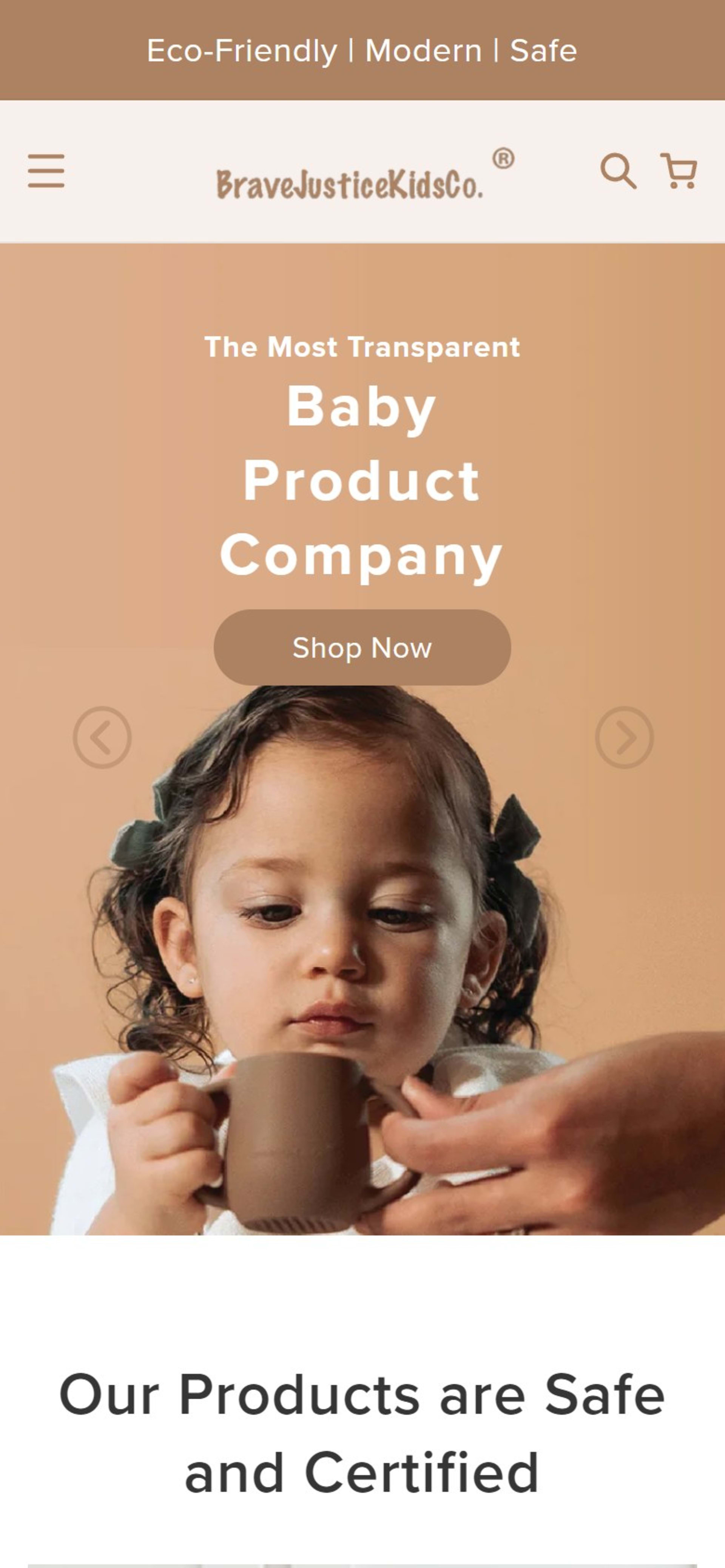 Shopify store for BraveJusticeKidsCo, silicone baby and toddler goods, On a phone: the slideshow hero with menu, search and cart in the header