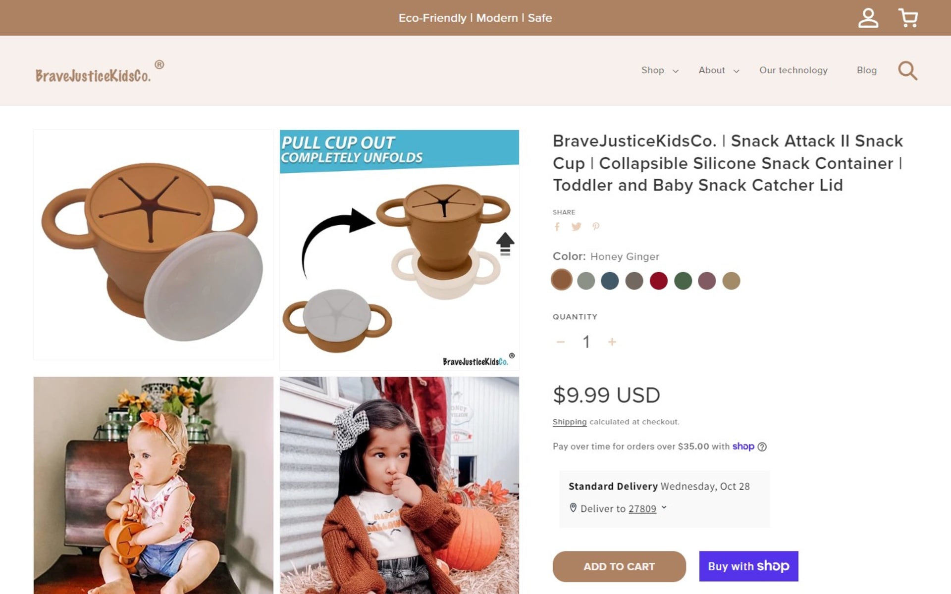 Shopify store for BraveJusticeKidsCo, silicone baby and toddler goods, Product page: the Snack Attack II snack cup with eight color swatches, Shop Pay installments and a delivery estimate