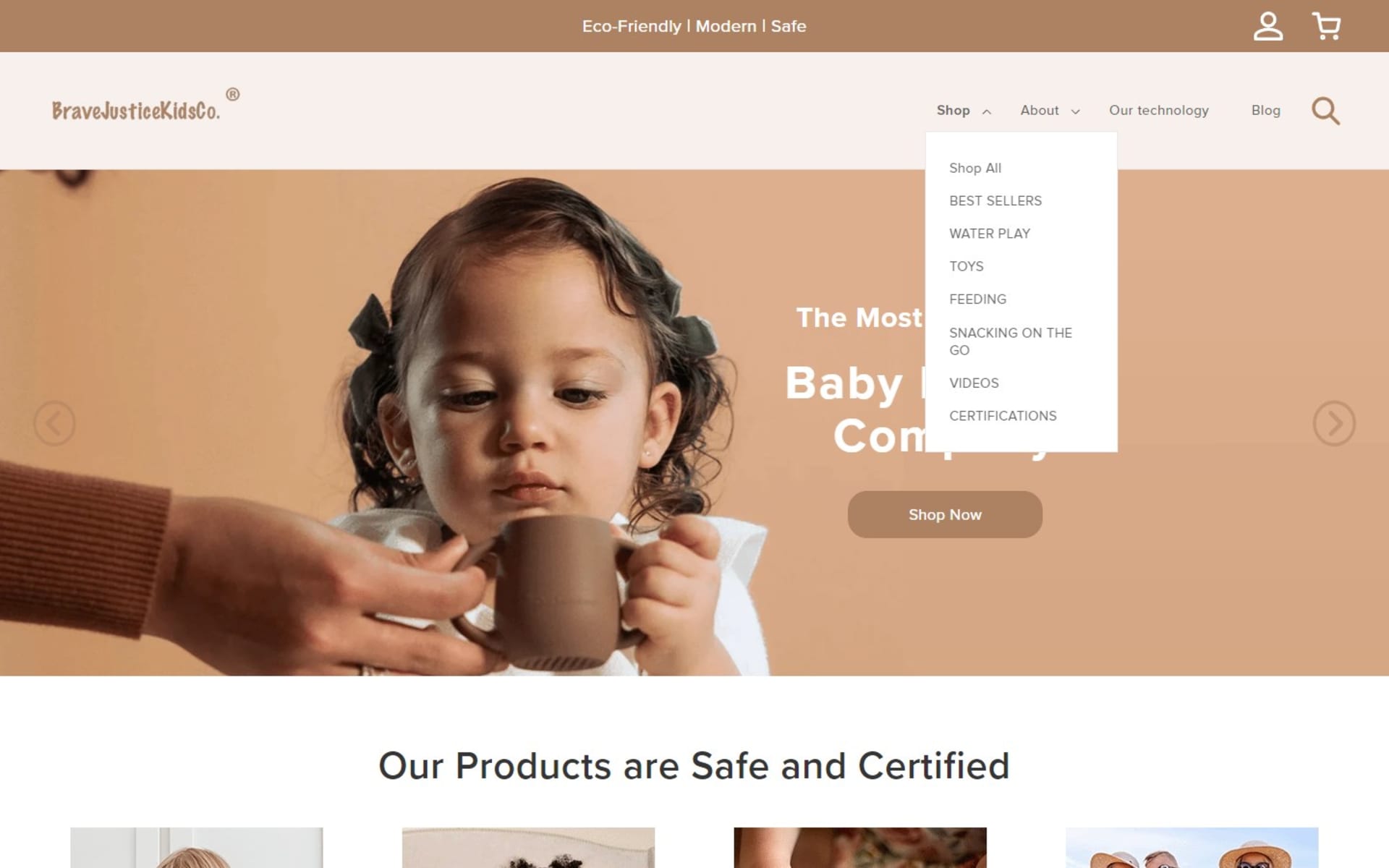 Shopify store for BraveJusticeKidsCo, silicone baby and toddler goods, Shop menu: shop all, best sellers, water play, toys, feeding, snacking on the go, videos and certifications