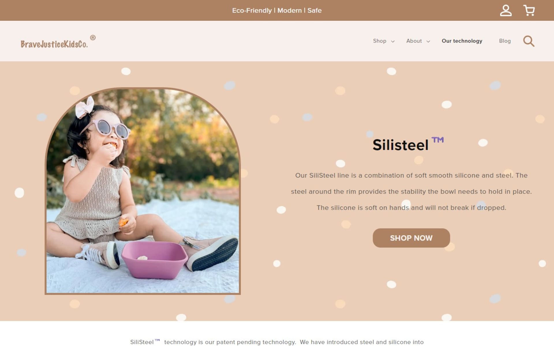 Shopify store for BraveJusticeKidsCo, silicone baby and toddler goods, Our technology page: the SiliSteel line of silicone bowls with a steel rim