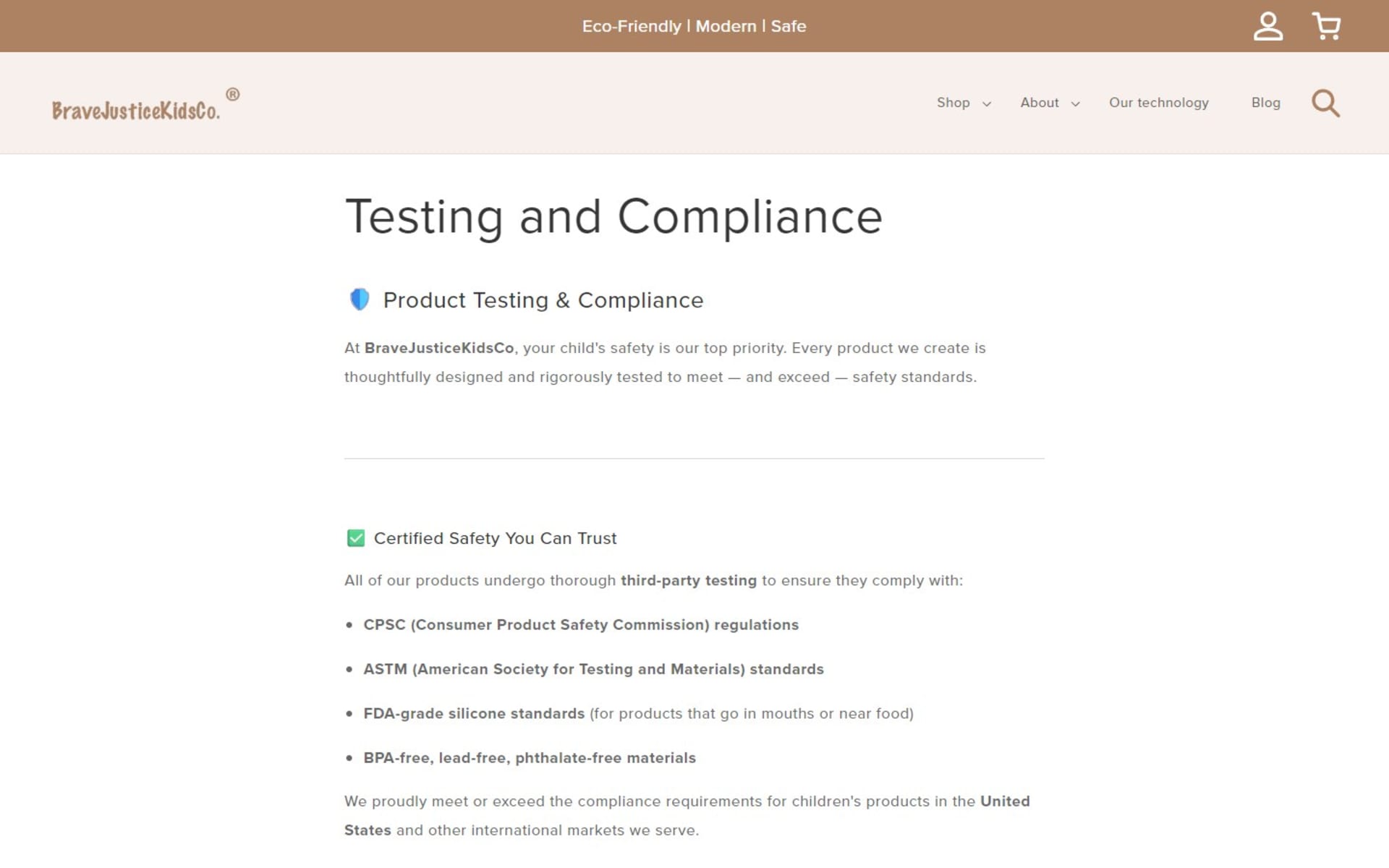 Shopify store for BraveJusticeKidsCo, silicone baby and toddler goods, Testing and Compliance page: the CPSC, ASTM and food-grade silicone standards the products are tested to