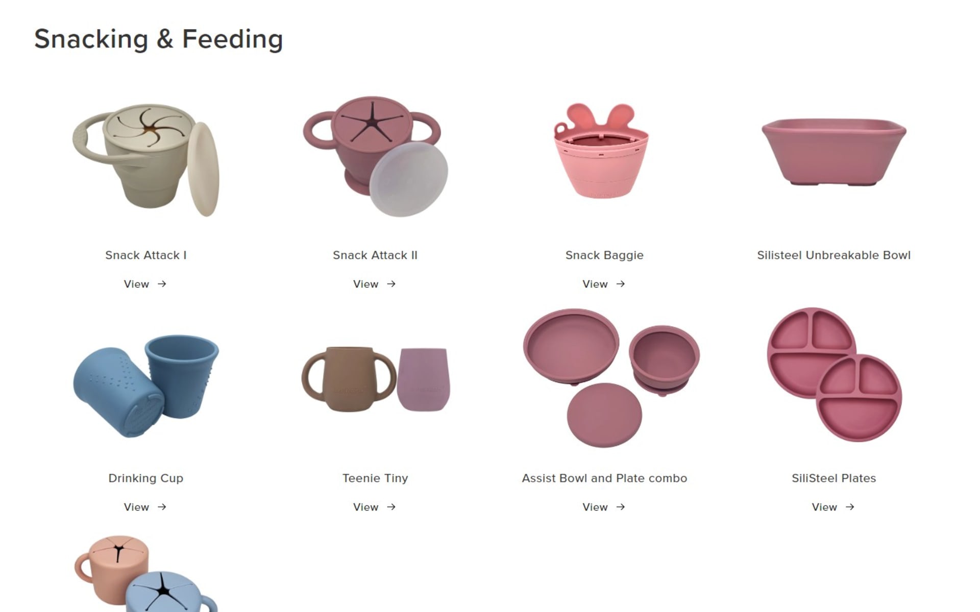 Shopify store for BraveJusticeKidsCo, silicone baby and toddler goods, Testing and Compliance page: the snacking and feeding range, each item linked to its product page