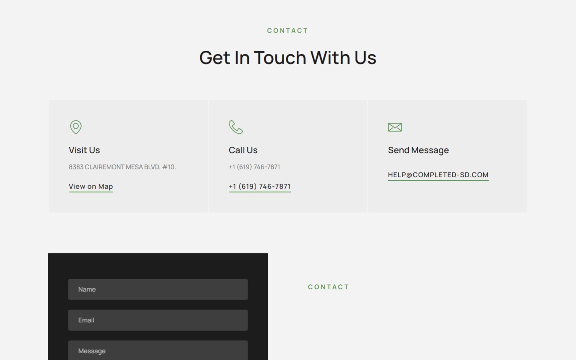 WordPress site for Completed Coatings, a San Diego coatings company, Contact page: visit, call and email cards above the contact form