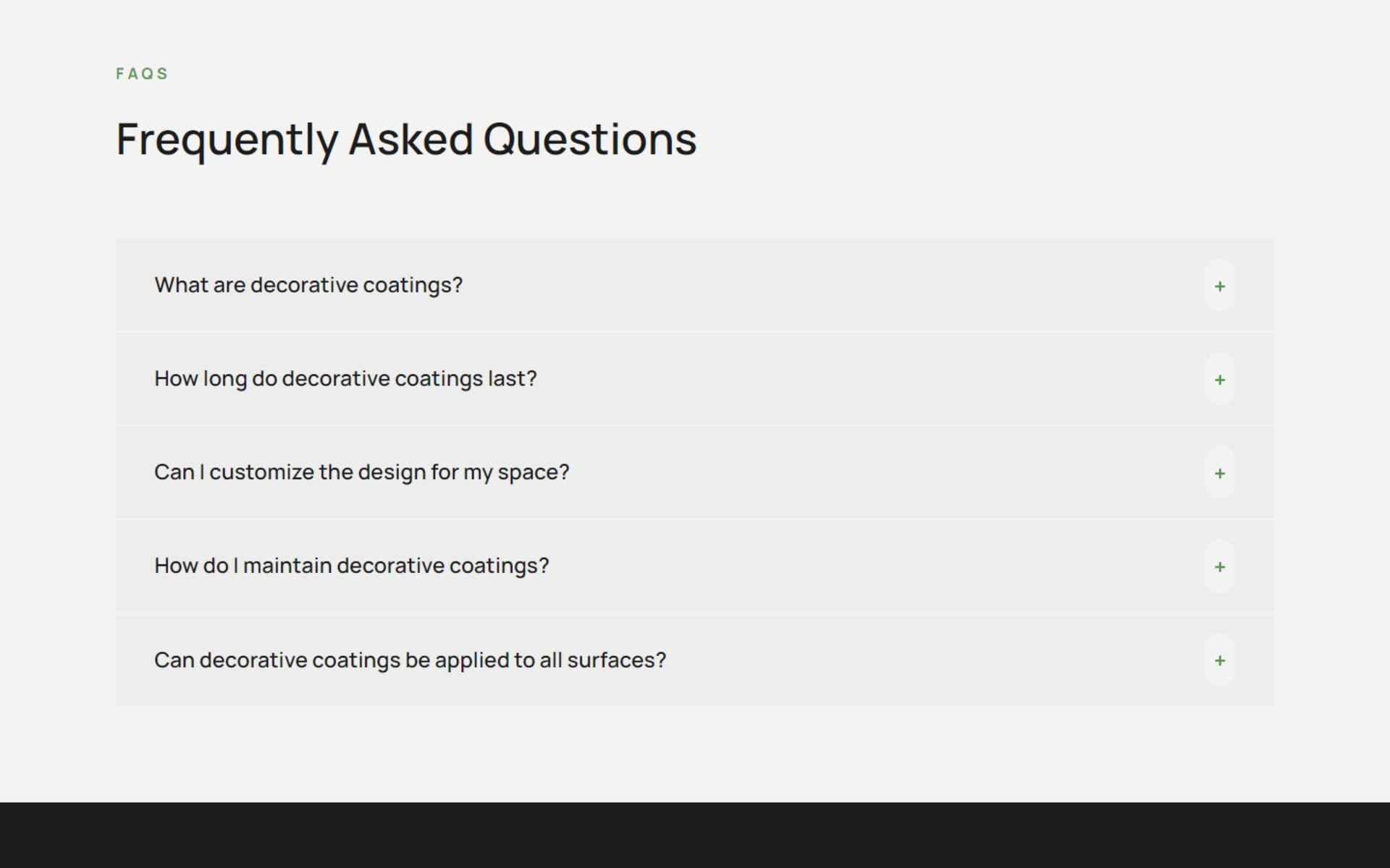 WordPress site for Completed Coatings, a San Diego coatings company, Decorative coatings page: FAQ accordion