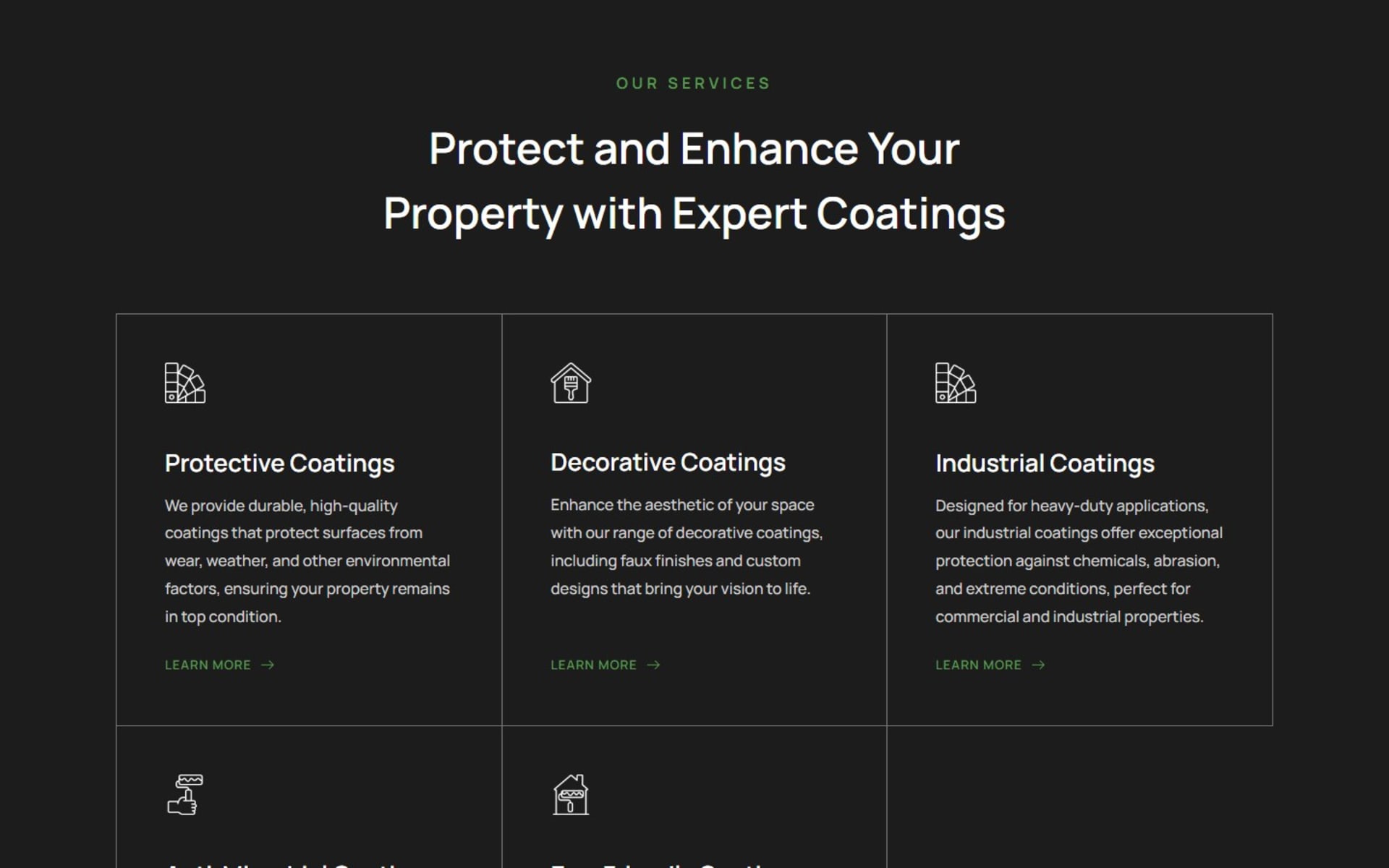 WordPress site for Completed Coatings, a San Diego coatings company, Homepage services grid: protective, decorative and industrial coatings, each with a Learn More link