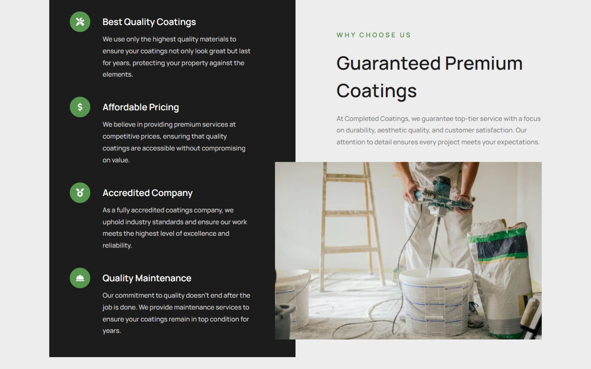 WordPress site for Completed Coatings, a San Diego coatings company, Why Choose Us: quality, pricing, accreditation and maintenance beside a job-site photo
