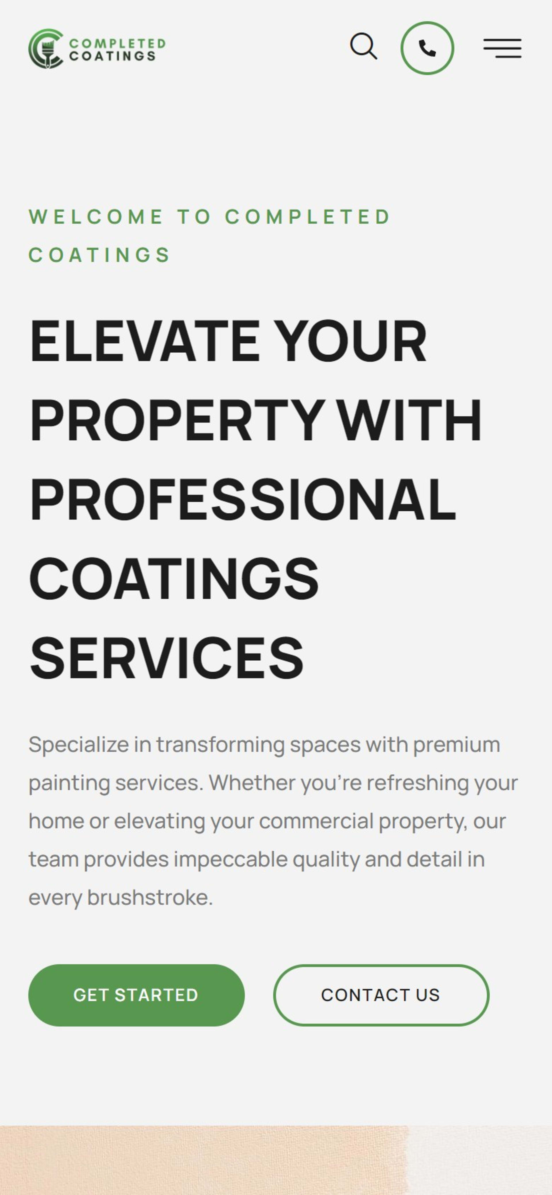 WordPress site for Completed Coatings, a San Diego coatings company, On a phone: header with search, phone and menu buttons above the hero headline