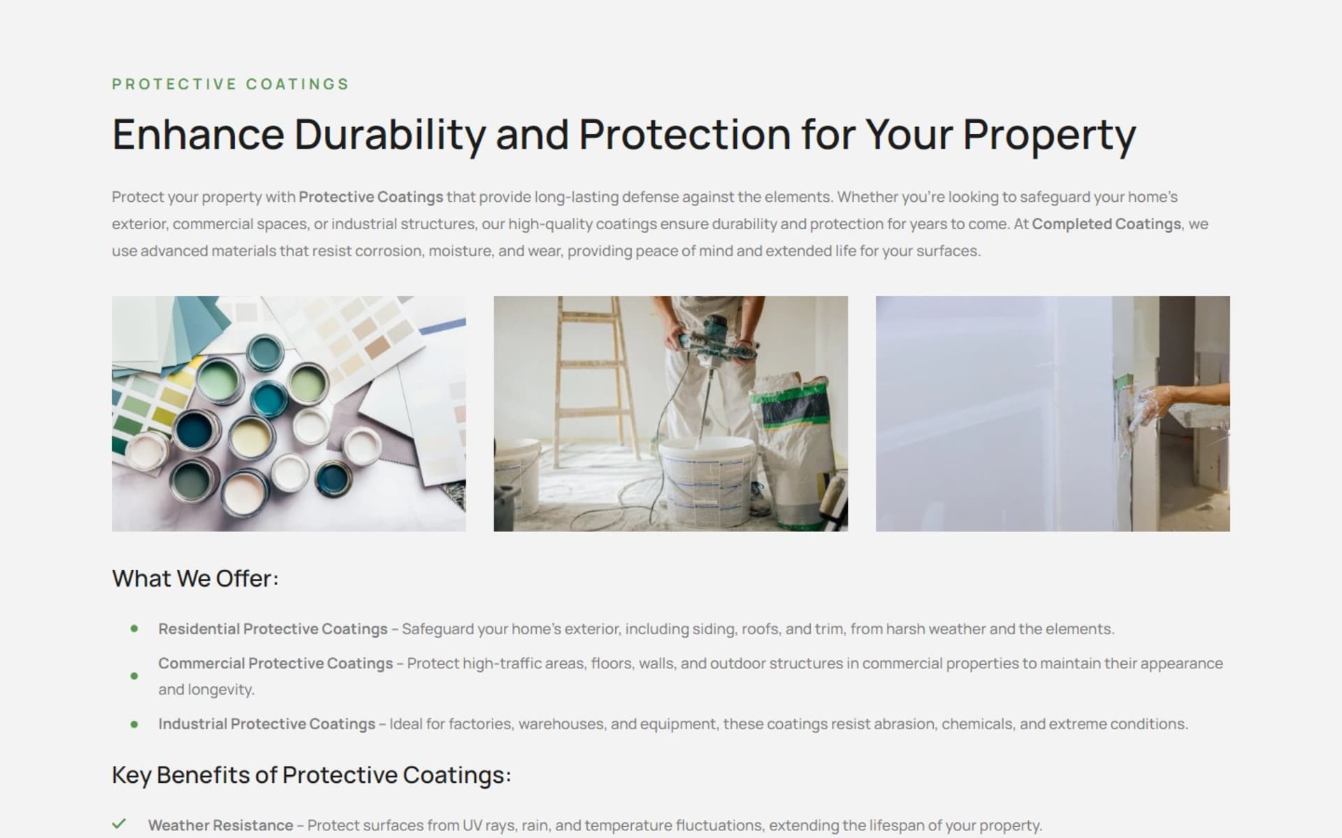 WordPress site for Completed Coatings, a San Diego coatings company, Protective coatings page: residential, commercial and industrial options, then the key benefits