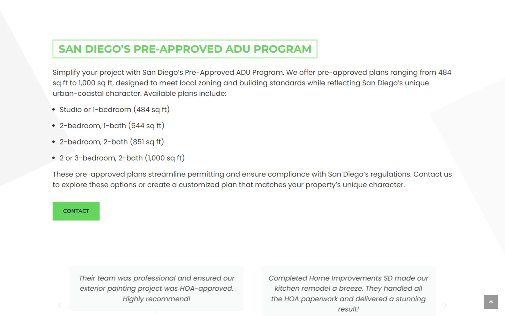 WordPress site for Completed Home Improvements, a San Diego remodeler, ADU builder page for San Diego: the city’s pre-approved plans listed by bedrooms and square feet