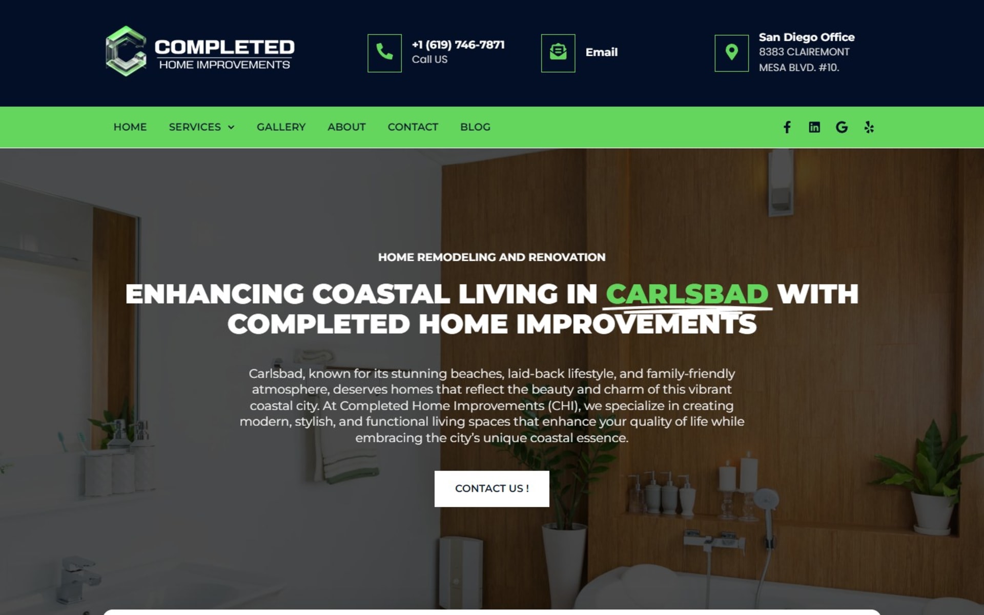 WordPress site for Completed Home Improvements, a San Diego remodeler, City page for Carlsbad, one of 18 across San Diego County