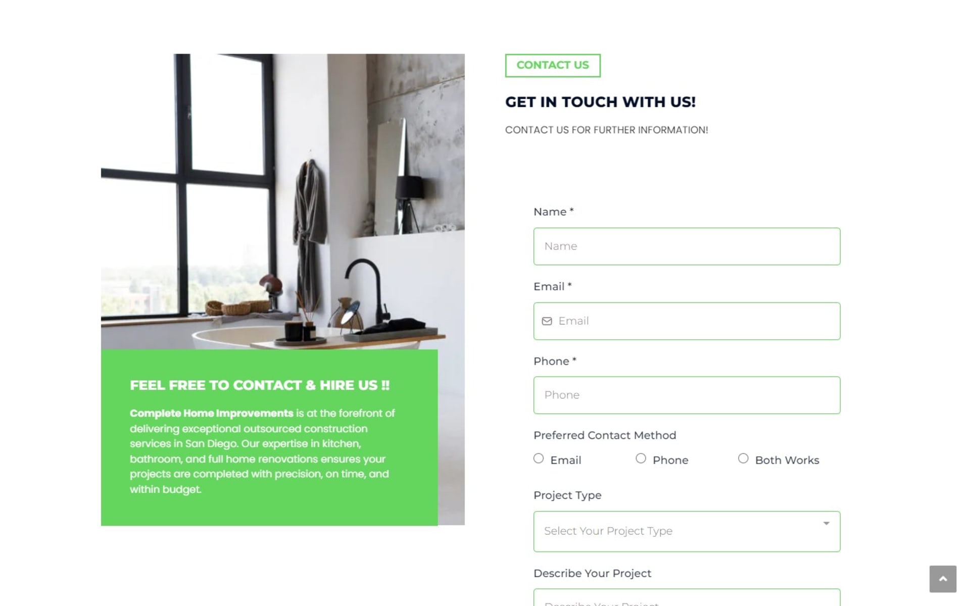 WordPress site for Completed Home Improvements, a San Diego remodeler, Contact page: form with preferred contact method and project type