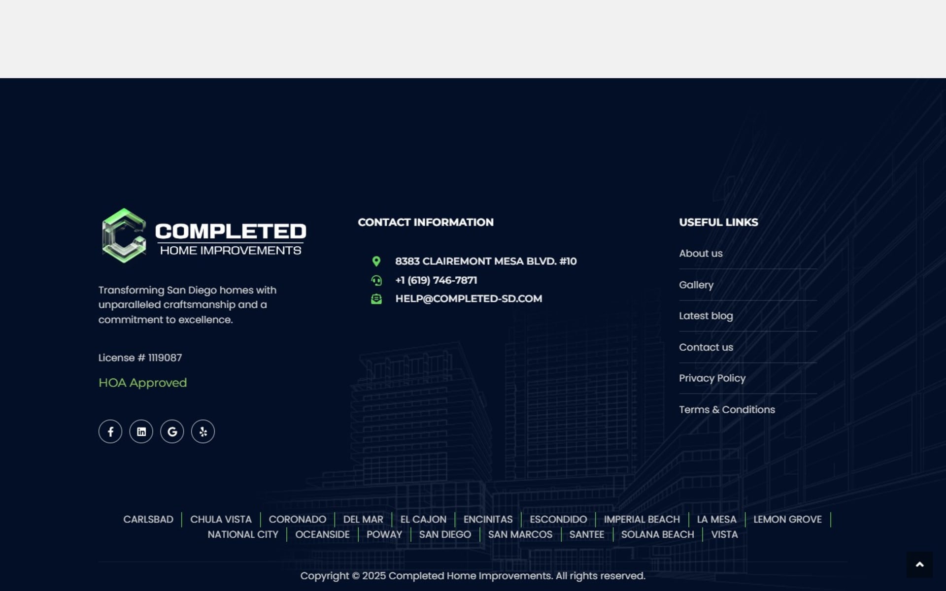 WordPress site for Completed Home Improvements, a San Diego remodeler, Footer: license number, HOA Approved, contact details and links to all 18 city pages