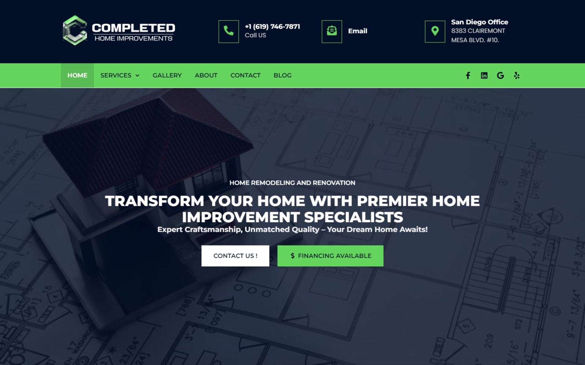 WordPress site for Completed Home Improvements, a San Diego remodeler, Homepage: phone, email and office address above the menu, and Contact Us and Financing Available buttons in the hero