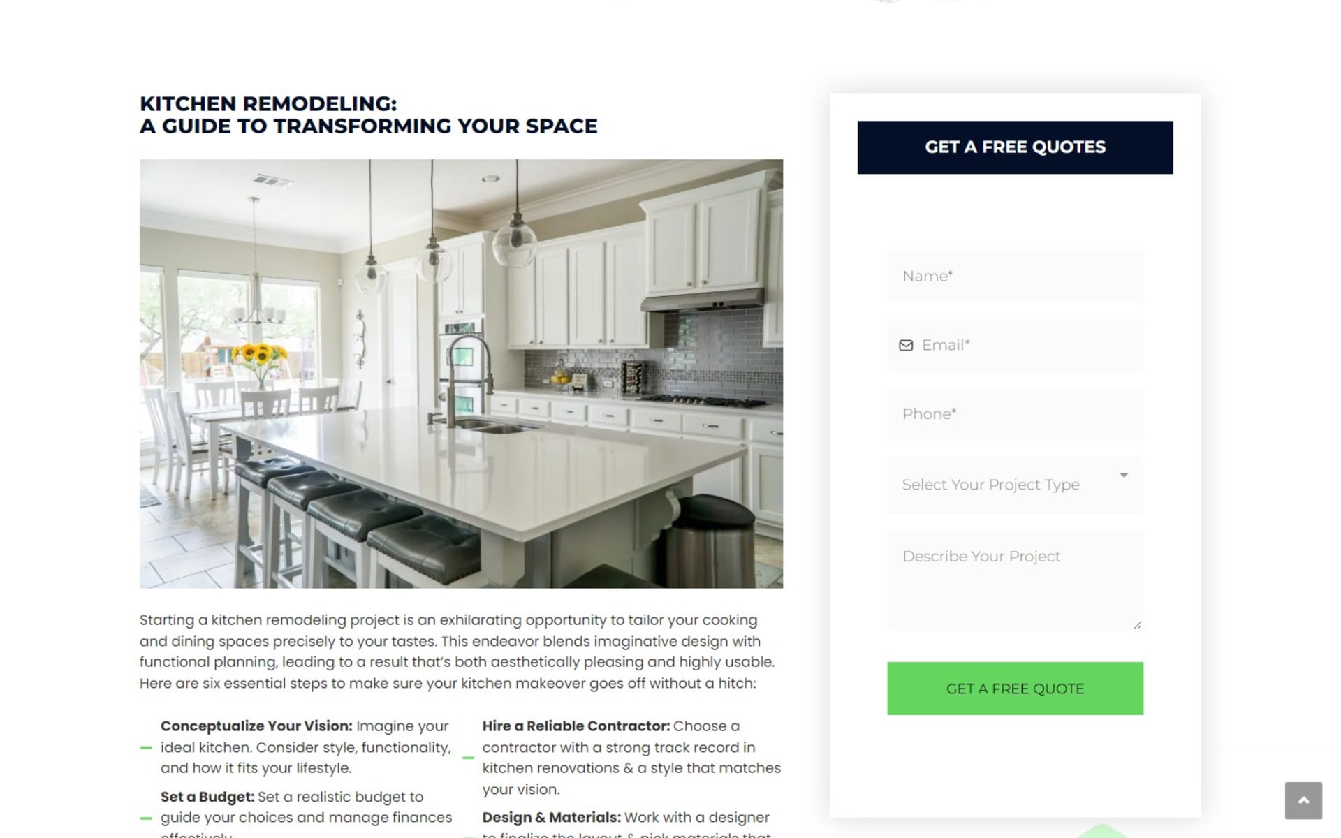 WordPress site for Completed Home Improvements, a San Diego remodeler, Service page: a kitchen remodeling guide beside a free-quote form that asks for the project type