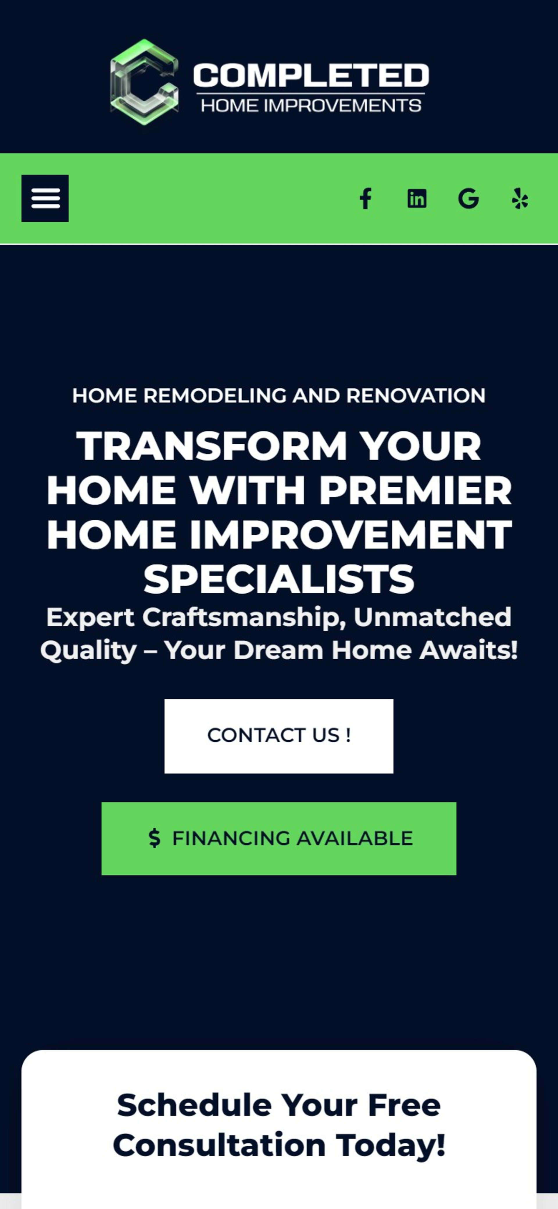 WordPress site for Completed Home Improvements, a San Diego remodeler, On a phone: logo, menu button and the hero with Contact Us and Financing Available