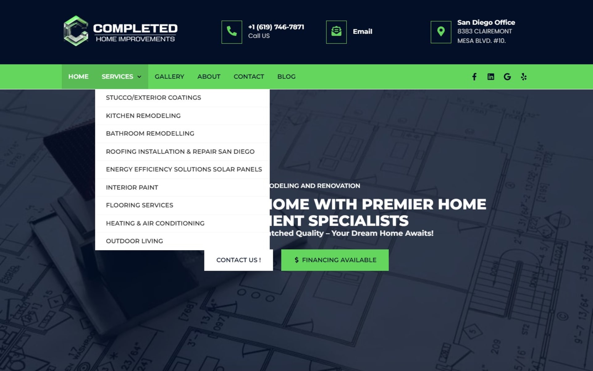WordPress site for Completed Home Improvements, a San Diego remodeler, Services menu: nine trades, from stucco and exterior coatings to outdoor living