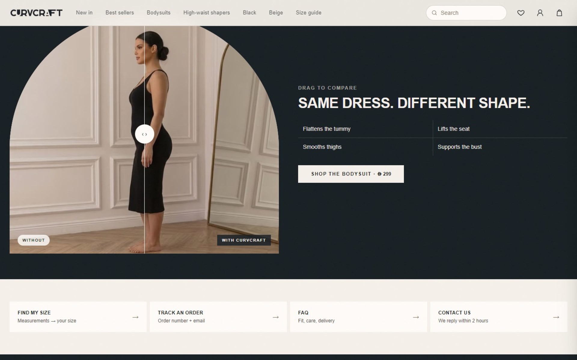 Custom Next.js store for CurvCraft, a Dubai shapewear brand, Drag-to-compare slider: the same dress with and without the bodysuit