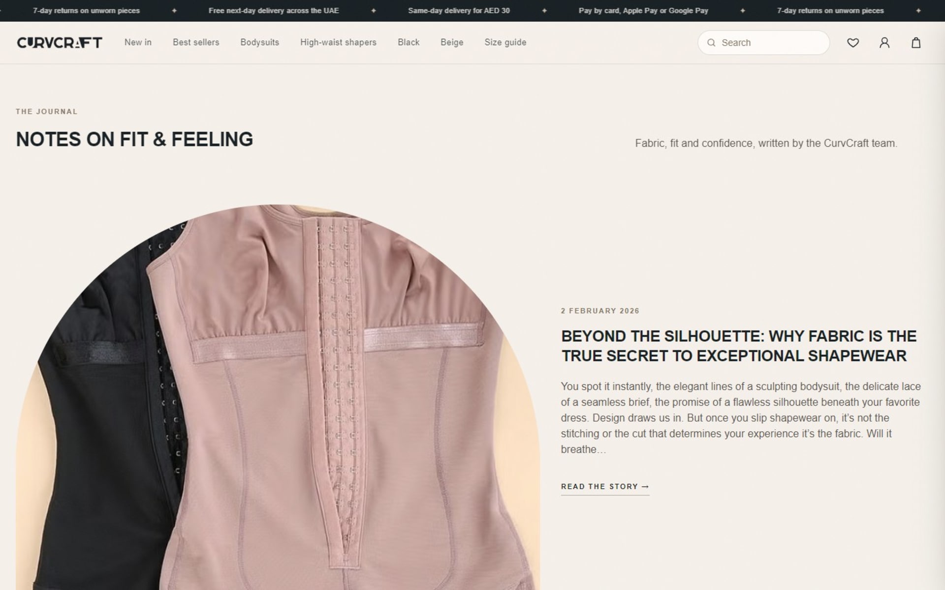 Custom Next.js store for CurvCraft, a Dubai shapewear brand, Journal: articles on fit and fabric