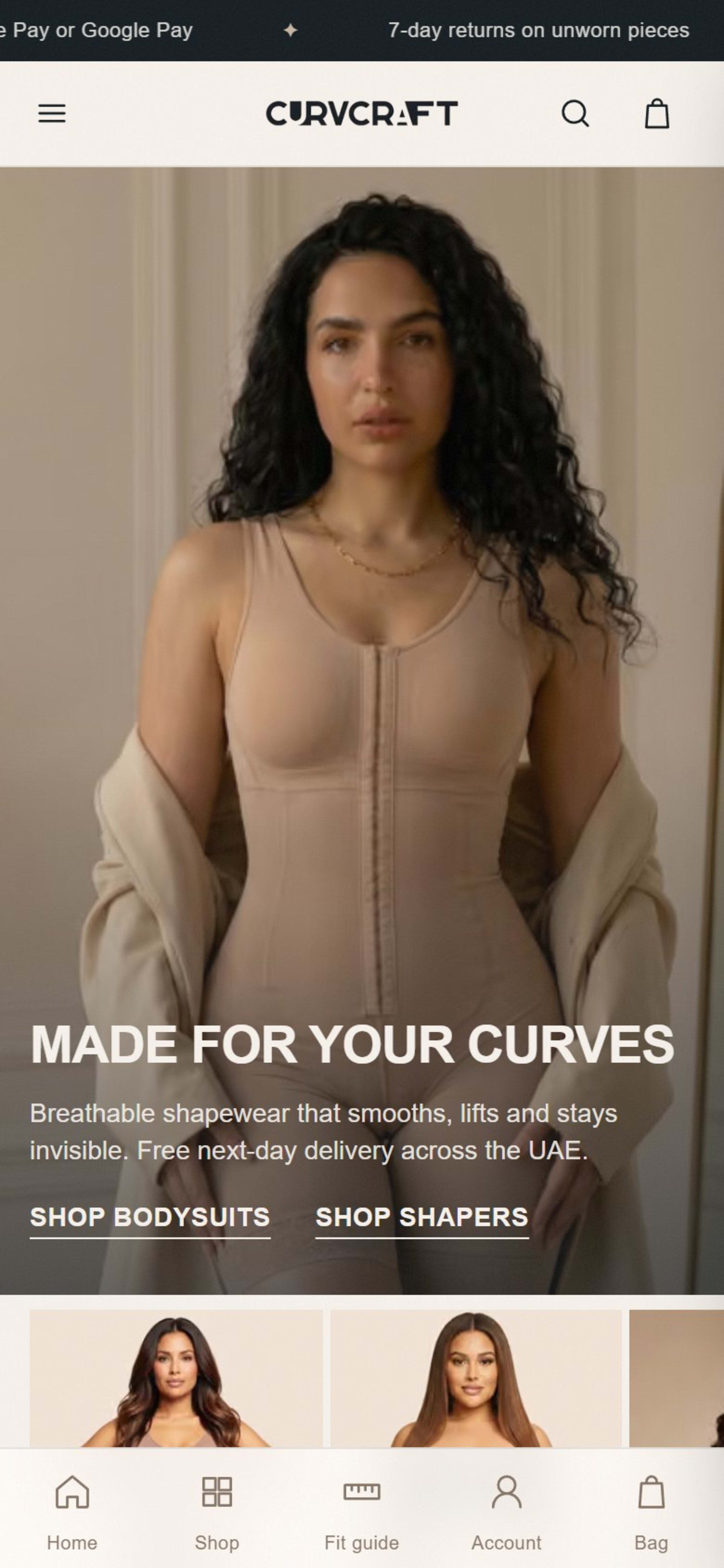 Custom Next.js store for CurvCraft, a Dubai shapewear brand, On a phone: a bottom tab bar for Home, Shop, Fit guide, Account and Bag