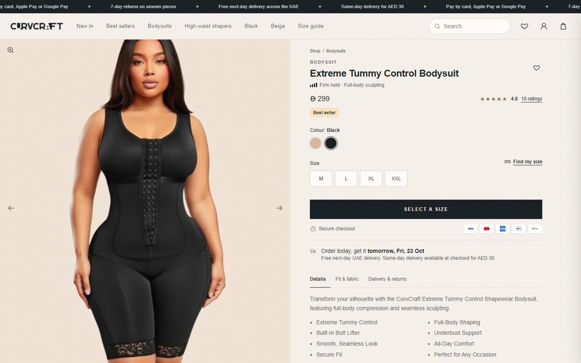 Custom Next.js store for CurvCraft, a Dubai shapewear brand, Product page: size picker, Find my size, payment marks and a delivery date