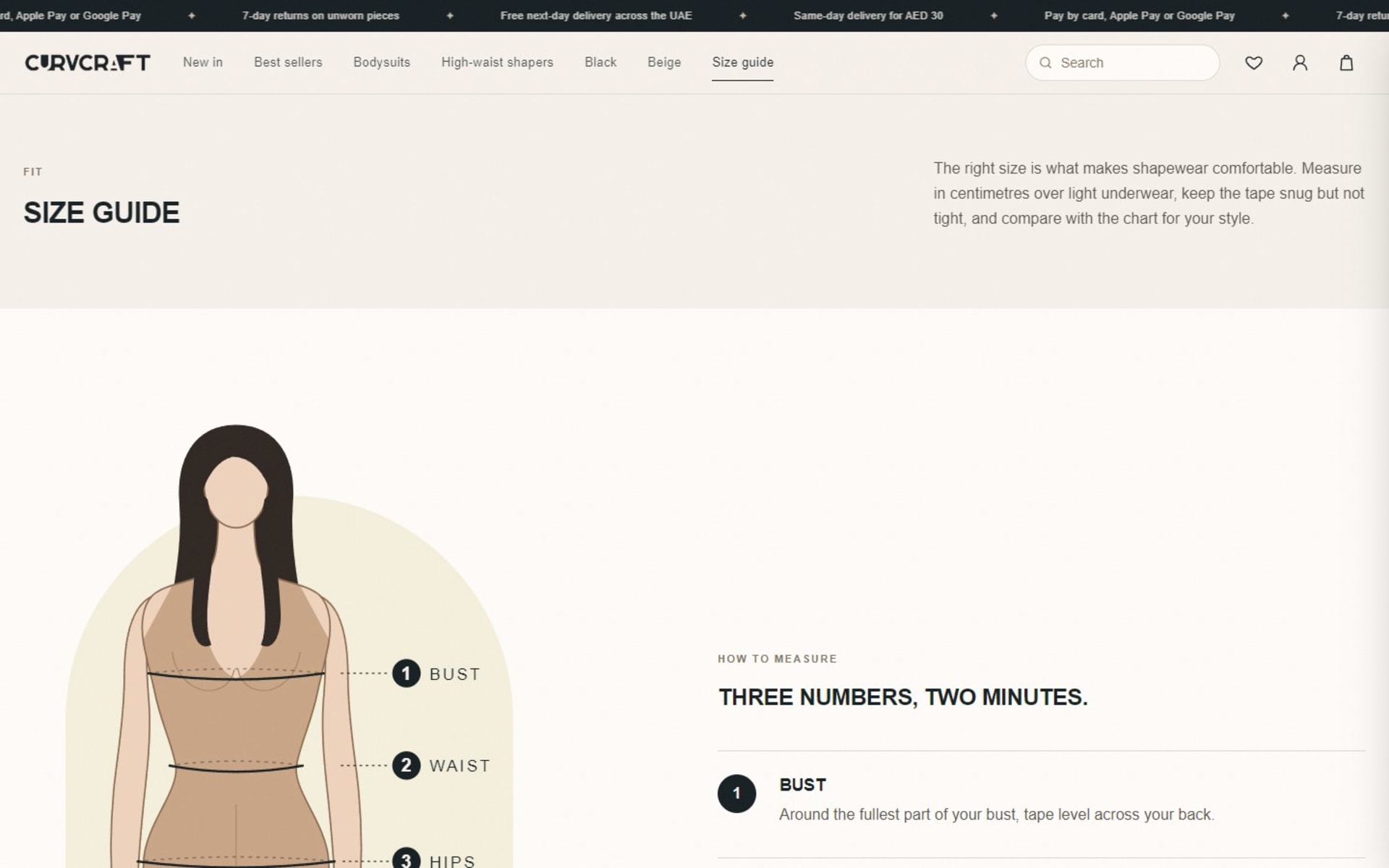 Custom Next.js store for CurvCraft, a Dubai shapewear brand, Size guide with an illustrated measuring figure