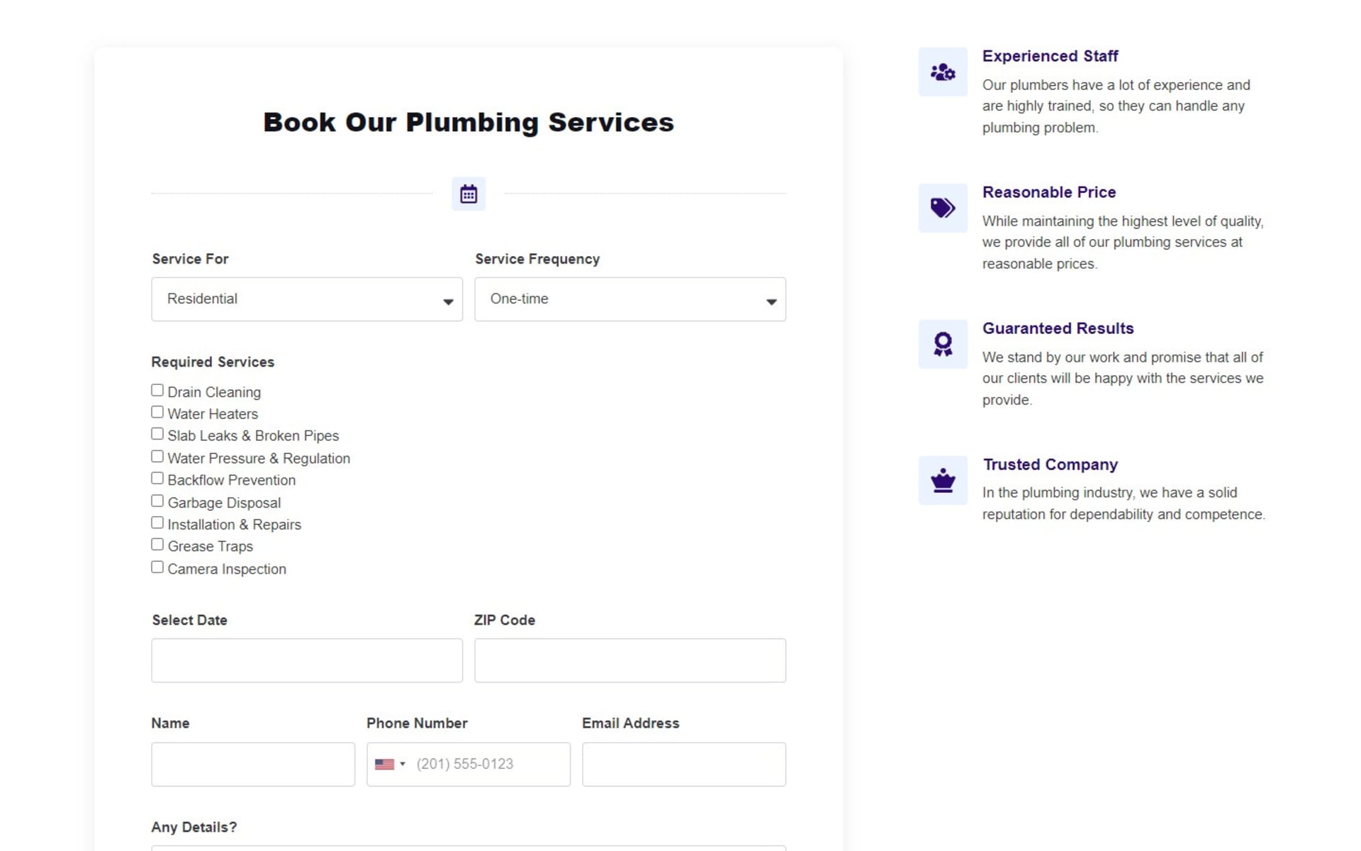 WordPress site for Damman’s Plumbing, a San Diego County plumber, Book Service form: residential or commercial, visit frequency, services needed, date and ZIP code