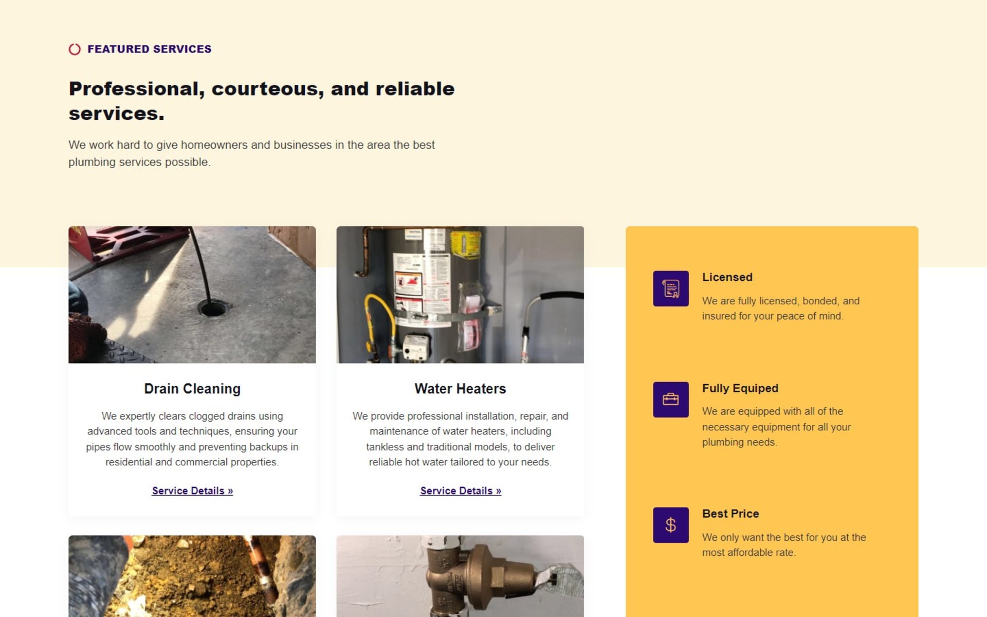 WordPress site for Damman’s Plumbing, a San Diego County plumber, Homepage services: photo cards for drain cleaning and water heaters beside license, equipment and pricing notes