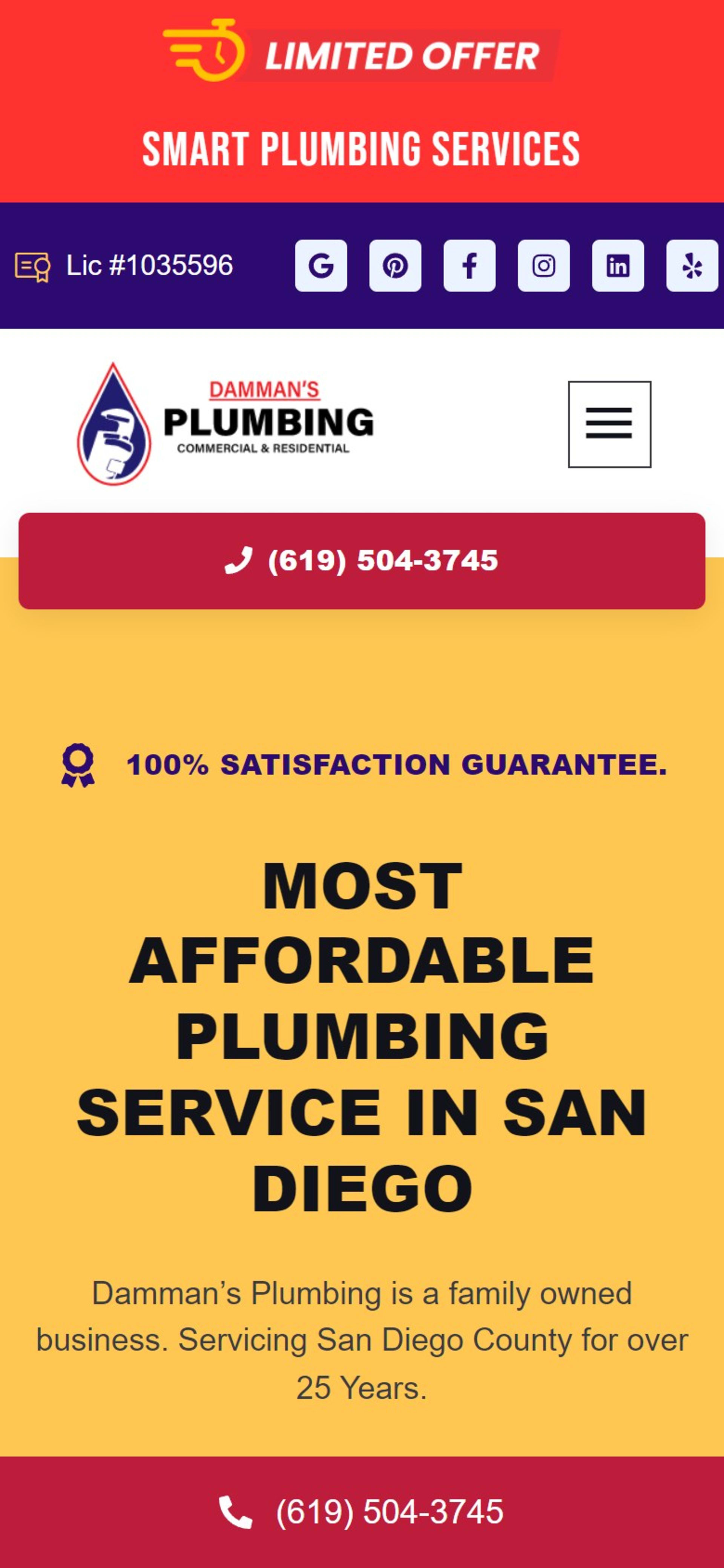 WordPress site for Damman’s Plumbing, a San Diego County plumber, On a phone: license number and a call button at the top, and a call bar fixed to the bottom