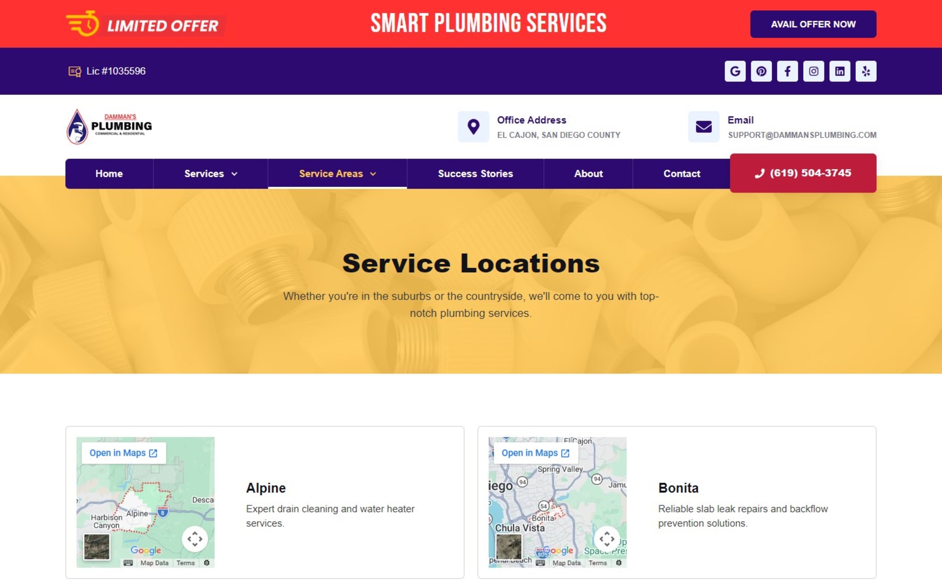 WordPress site for Damman’s Plumbing, a San Diego County plumber, Service Locations page: area cards, each with an embedded Google map