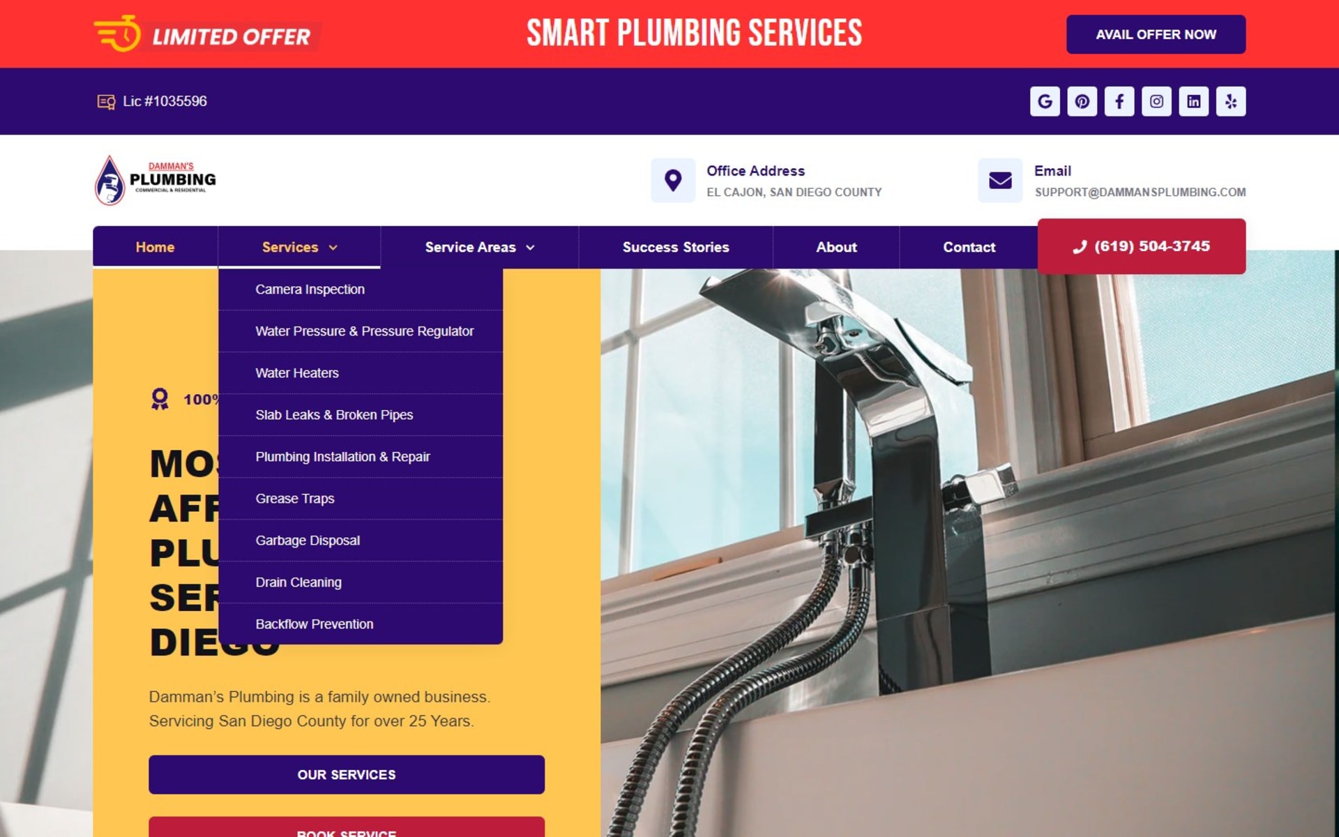 WordPress site for Damman’s Plumbing, a San Diego County plumber, Services menu open: nine service pages, from camera inspection to backflow prevention
