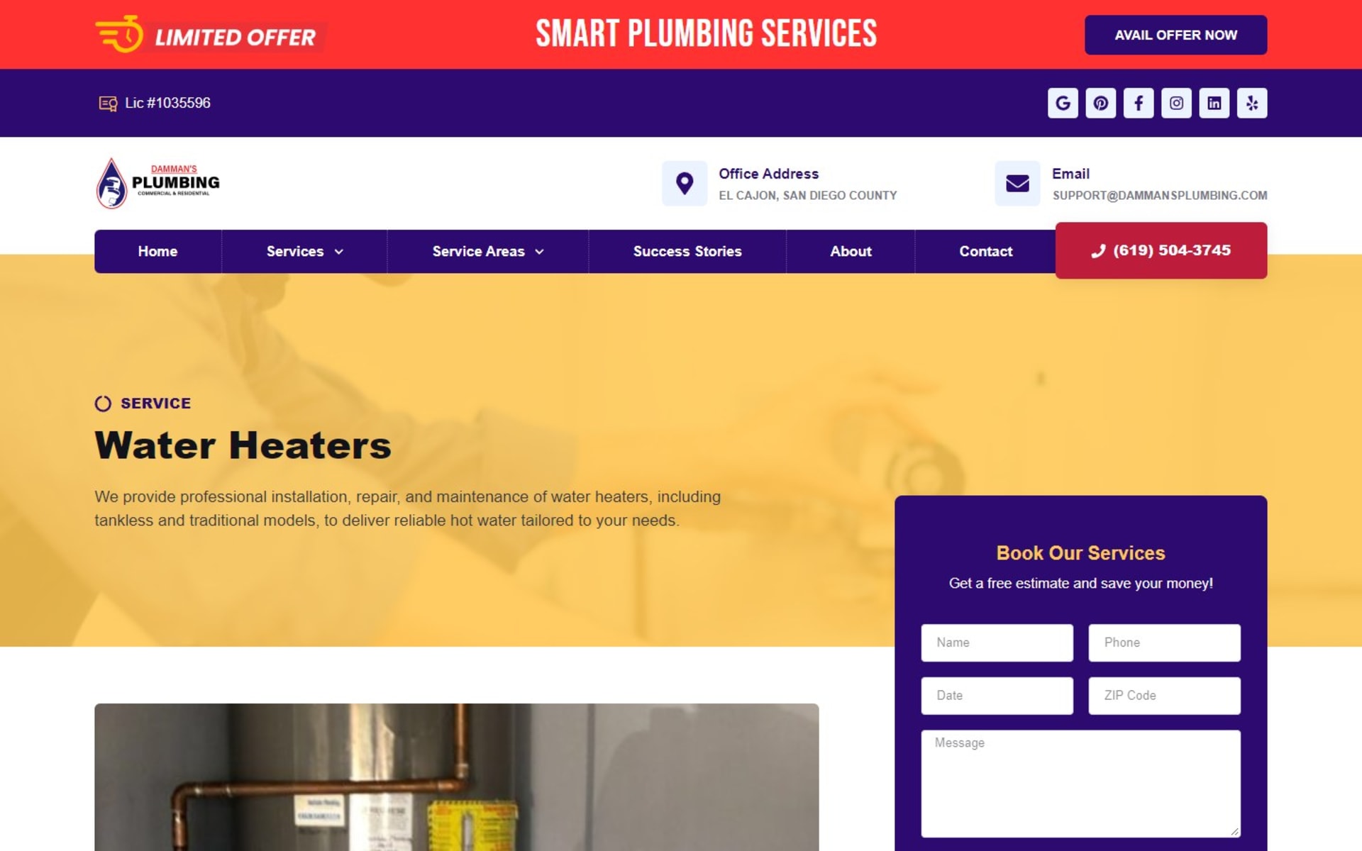 WordPress site for Damman’s Plumbing, a San Diego County plumber, Service page: water heaters, with a Book Our Services form beside the introduction
