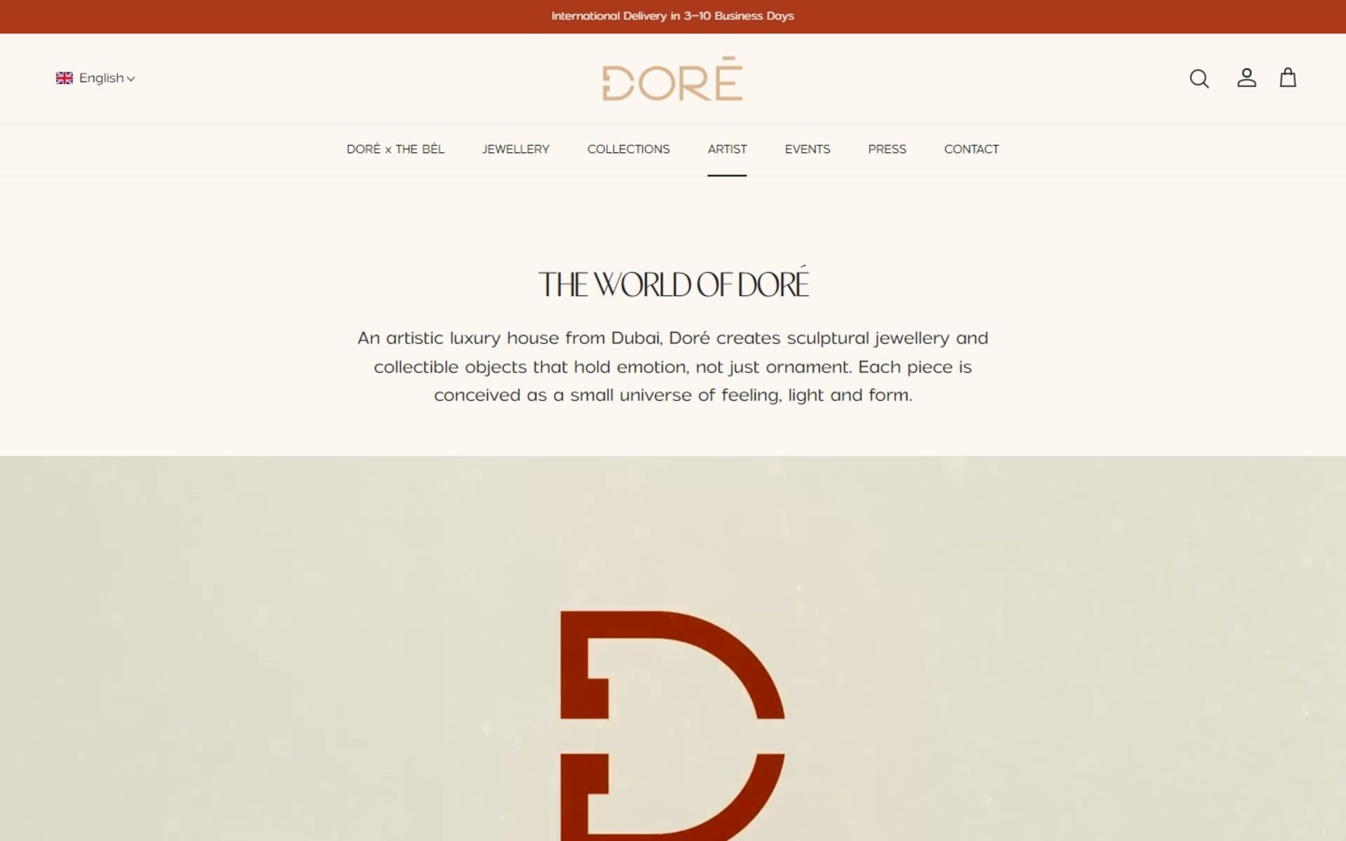 Shopify store for Doré, a Dubai fine-jewelry house, Artist page: The World of Doré, opening on the brand’s D emblem