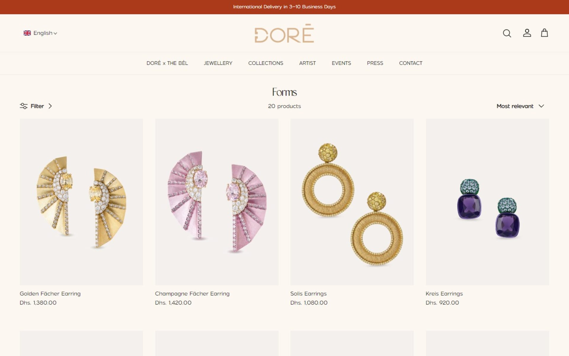 Shopify store for Doré, a Dubai fine-jewelry house, Collection page: Forms, 20 pieces with filters and sorting