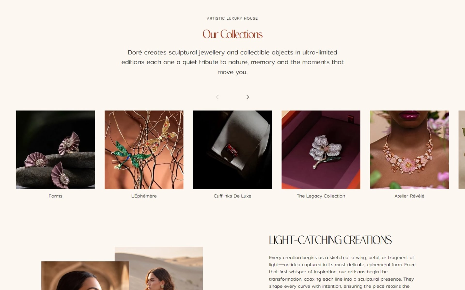 Shopify store for Doré, a Dubai fine-jewelry house, Our Collections carousel, then the Light-Catching Creations story