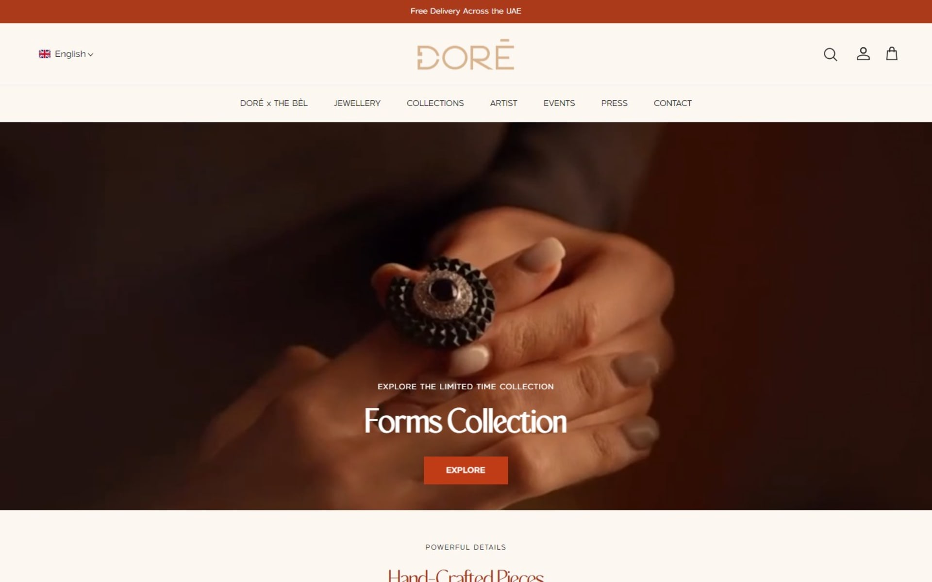 Shopify store for Doré, a Dubai fine-jewelry house, Homepage: a jewelry film opens the store, with one call to action